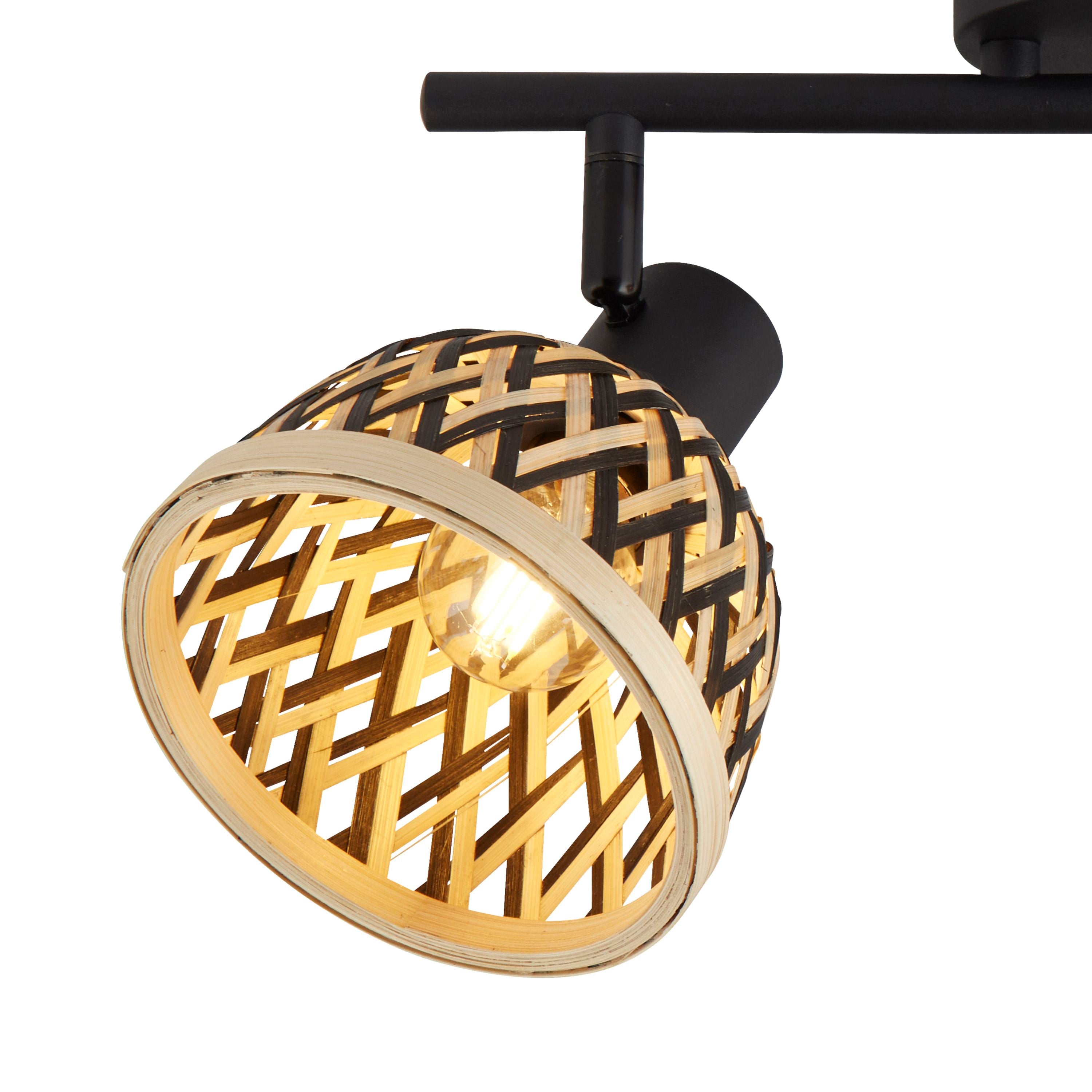 Close up of one Lance spotlight head showing the woven bamboo shade and bulb