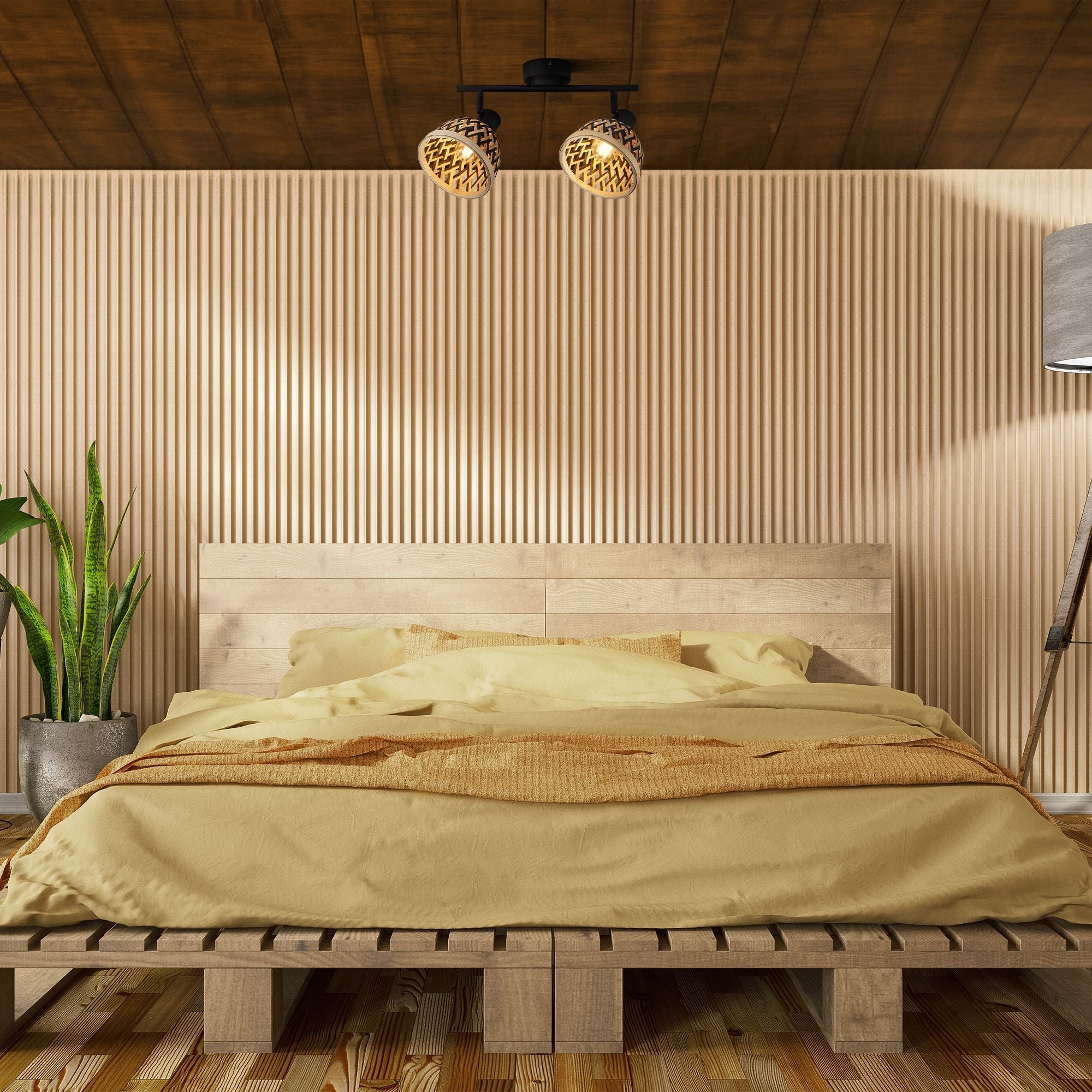 Lance 2 light spotlight bar mounted on a wood panelled ceiling above a bed