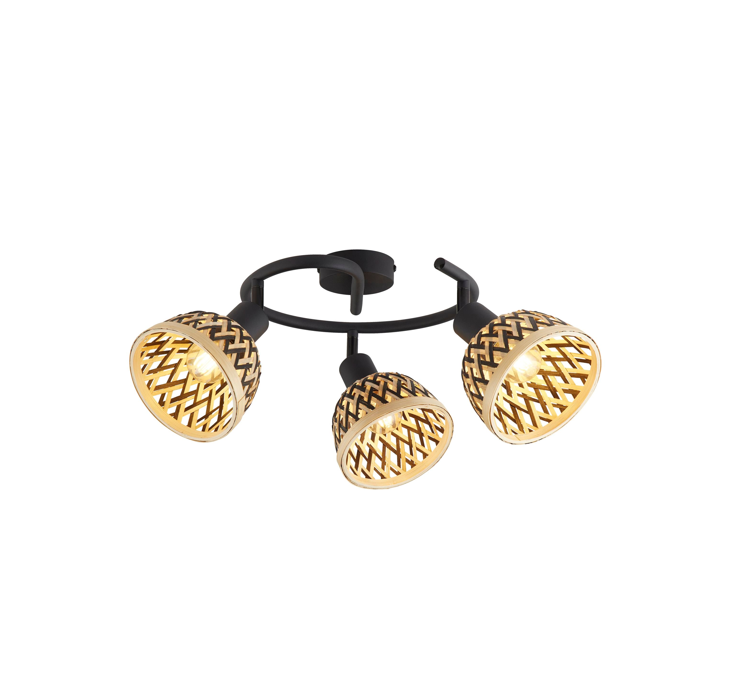 Searchlight Lance 3 light round spotlight in black with woven bamboo shades, all three bulbs lit, studio shot