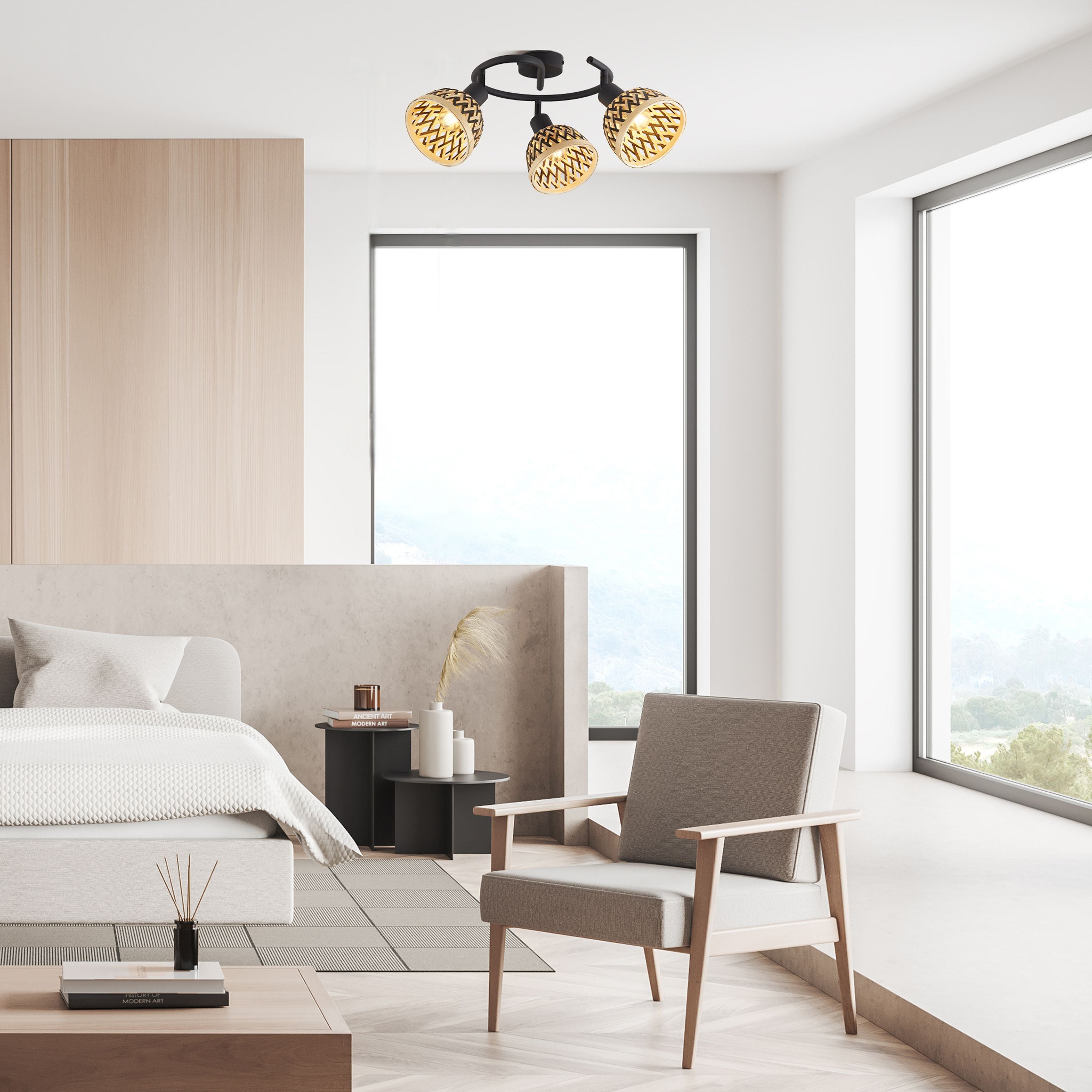 Lance 3 light round spotlight mounted above a bed in a bedroom with a window view
