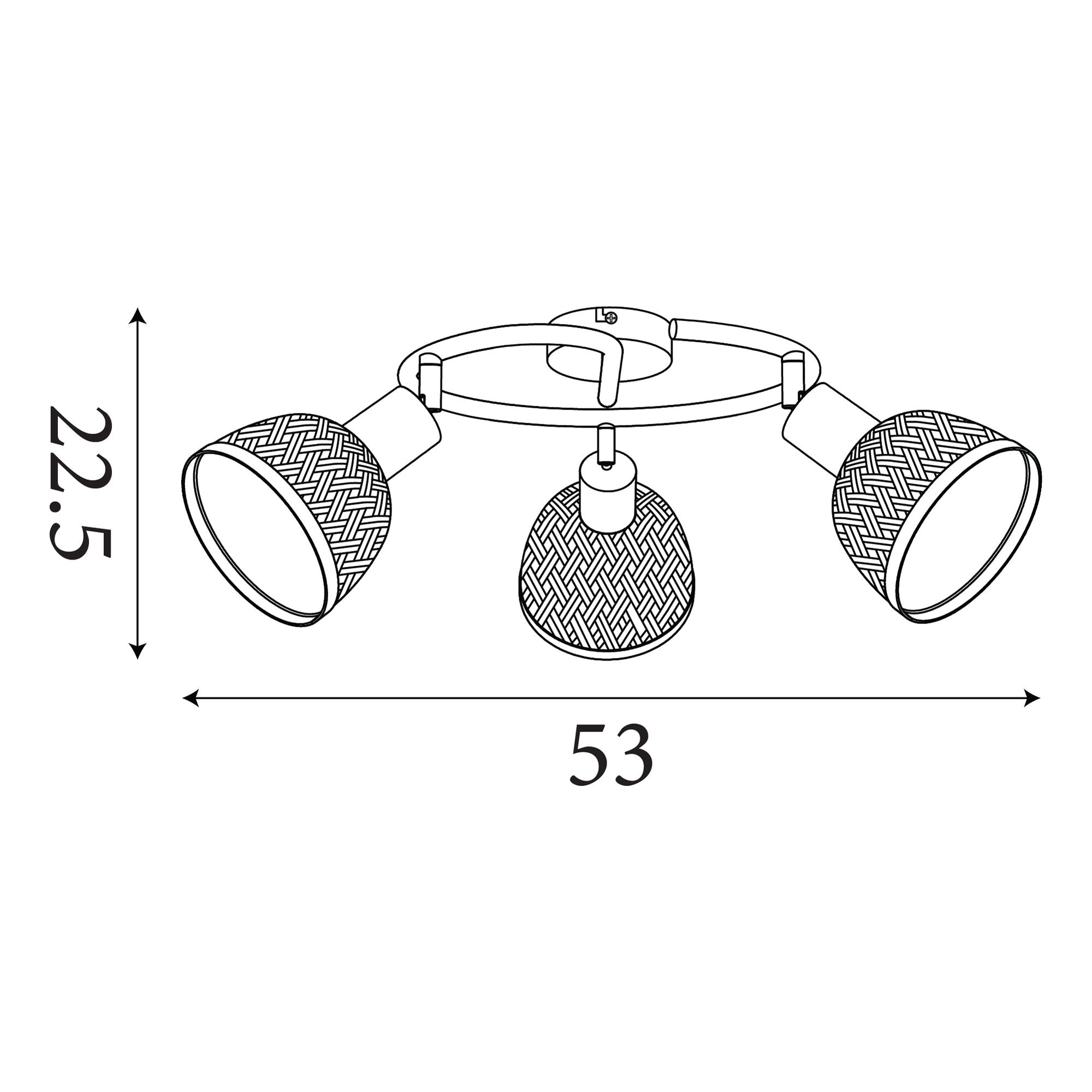 Line drawing of the Lance 3 light round spotlight showing overall dimensions