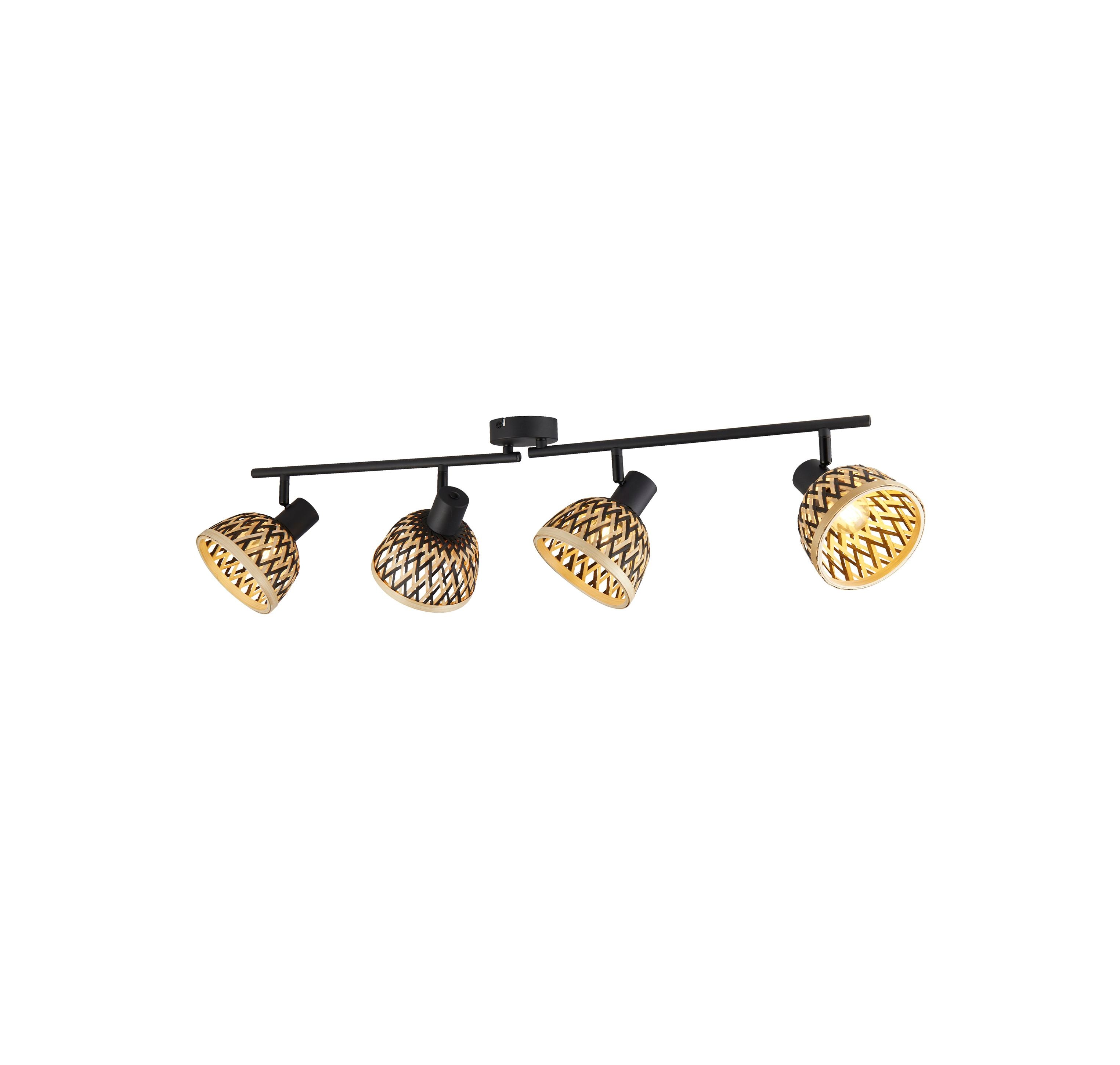 Searchlight Lance 4 light spotlight bar in black with woven bamboo shades, studio shot with one bulb lit