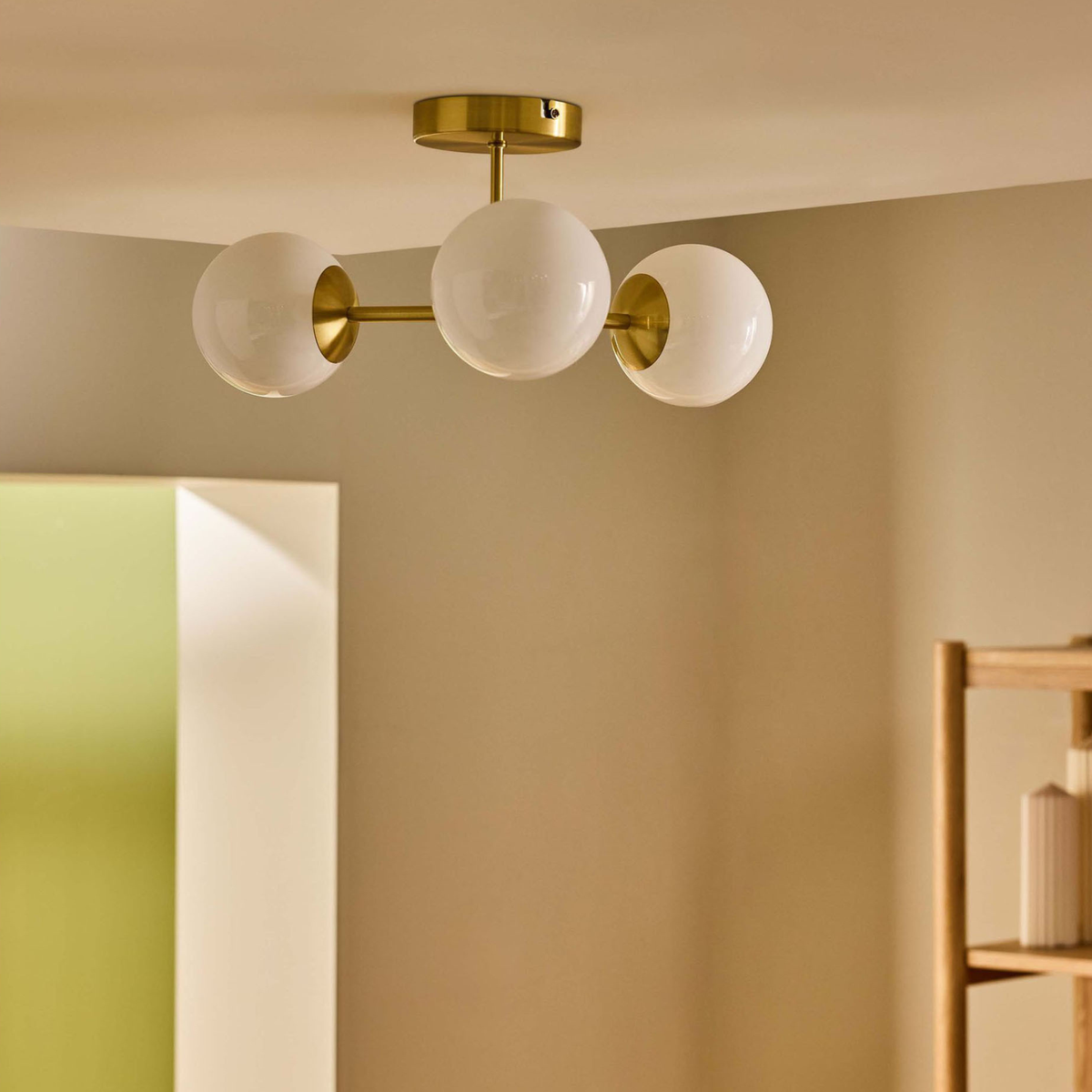 MADE.COM Globe 3 Light Flush Ceiling Light in Brushed Brass with Opal Glass Globes
