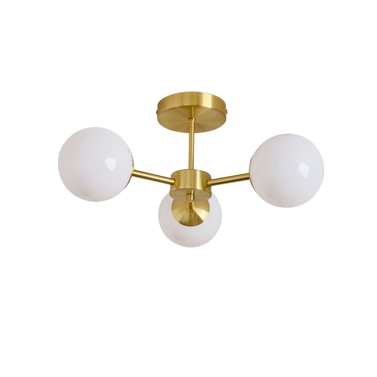MADE.COM Globe 3 Light Flush Ceiling Light in Brushed Brass with Opal Glass Globes
