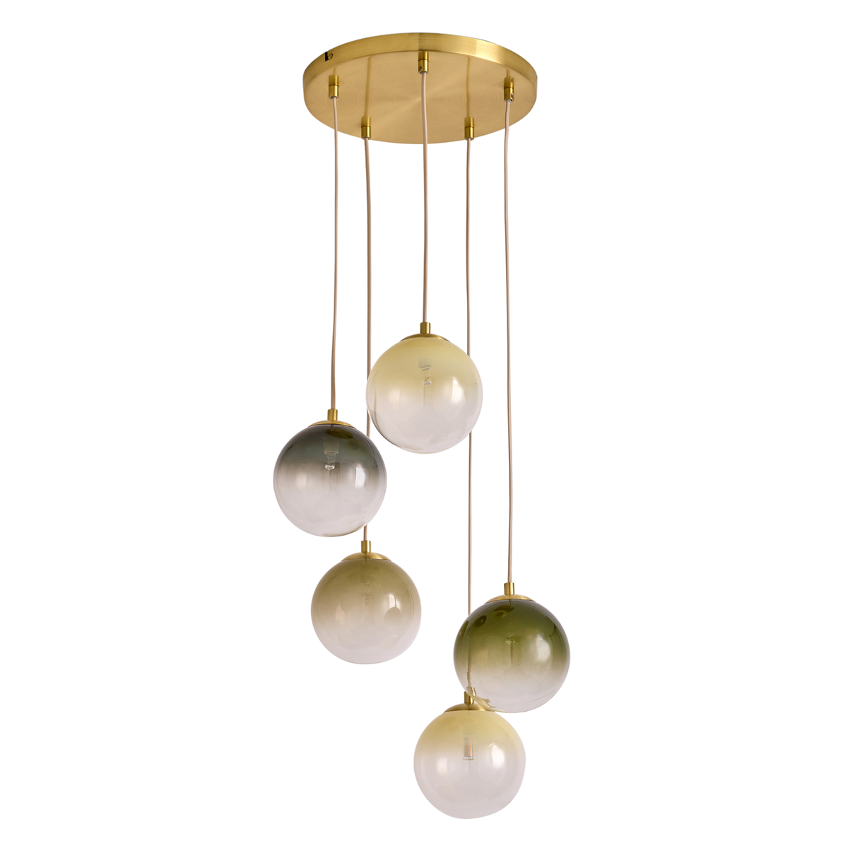 MADE.COM Globe 5 light pendant in brushed brass with green ombre glass globes, unlit studio shot