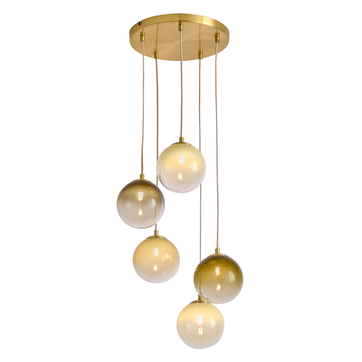 MADE.COM Globe 5 light pendant in brushed brass with green ombre glass globes, lit studio shot