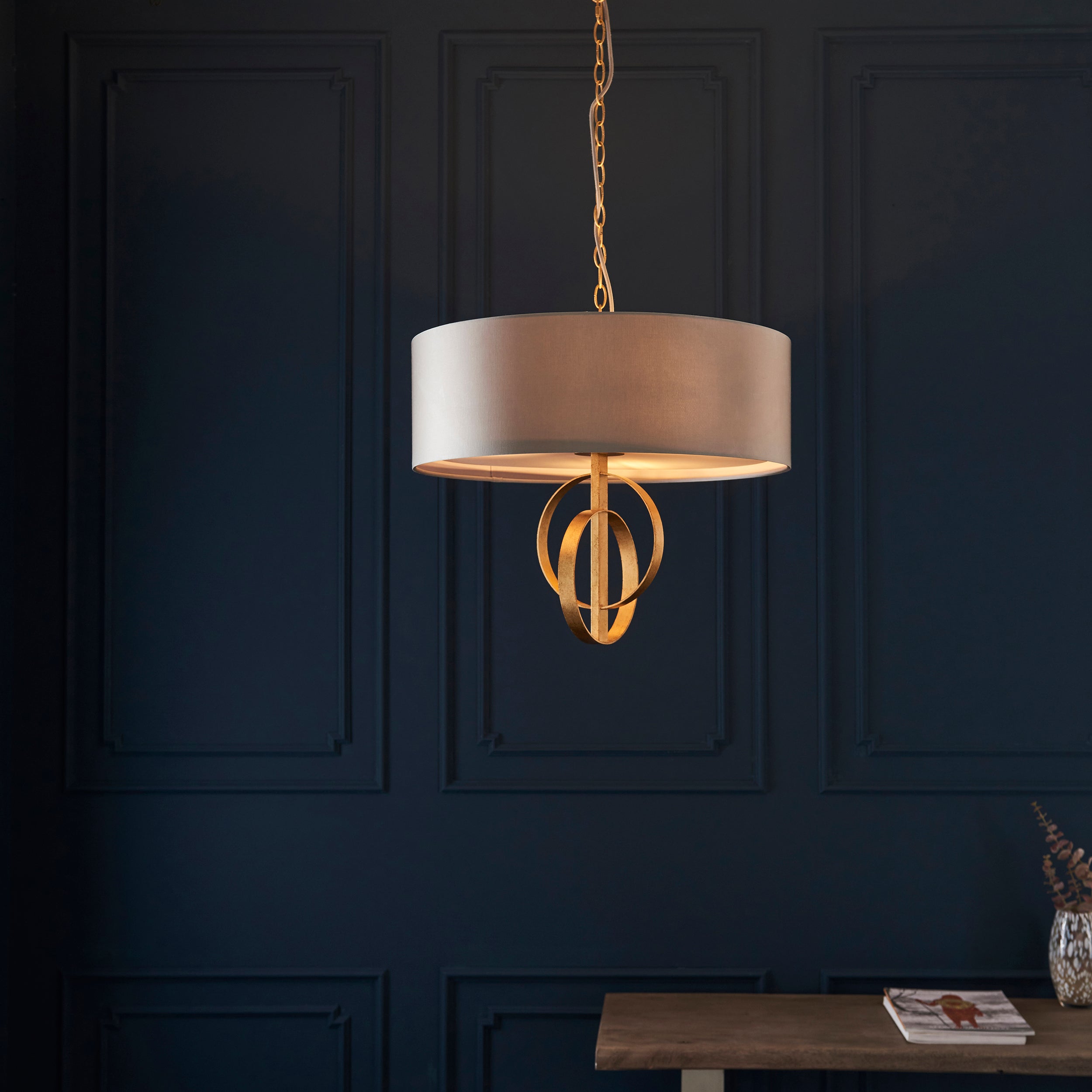 Utopia Interlink 3 Light Pendant - Antique Gold With Mink Shade - 60cm Diameter