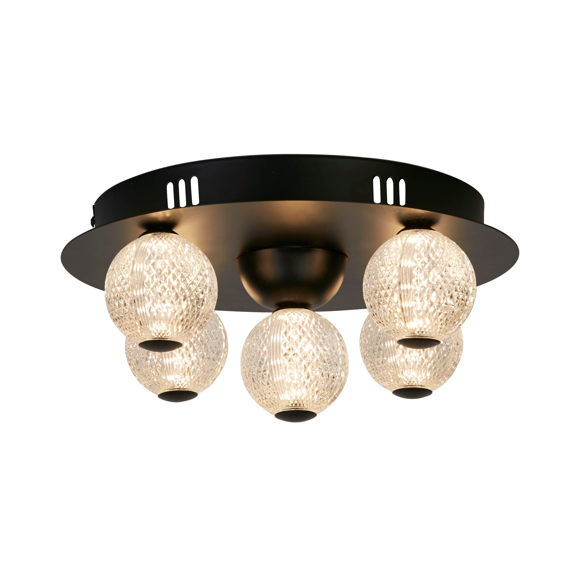 Searchlight Asteroid LED flush ceiling light in black, studio shot of the round backplate with five illuminated textured glass spheres