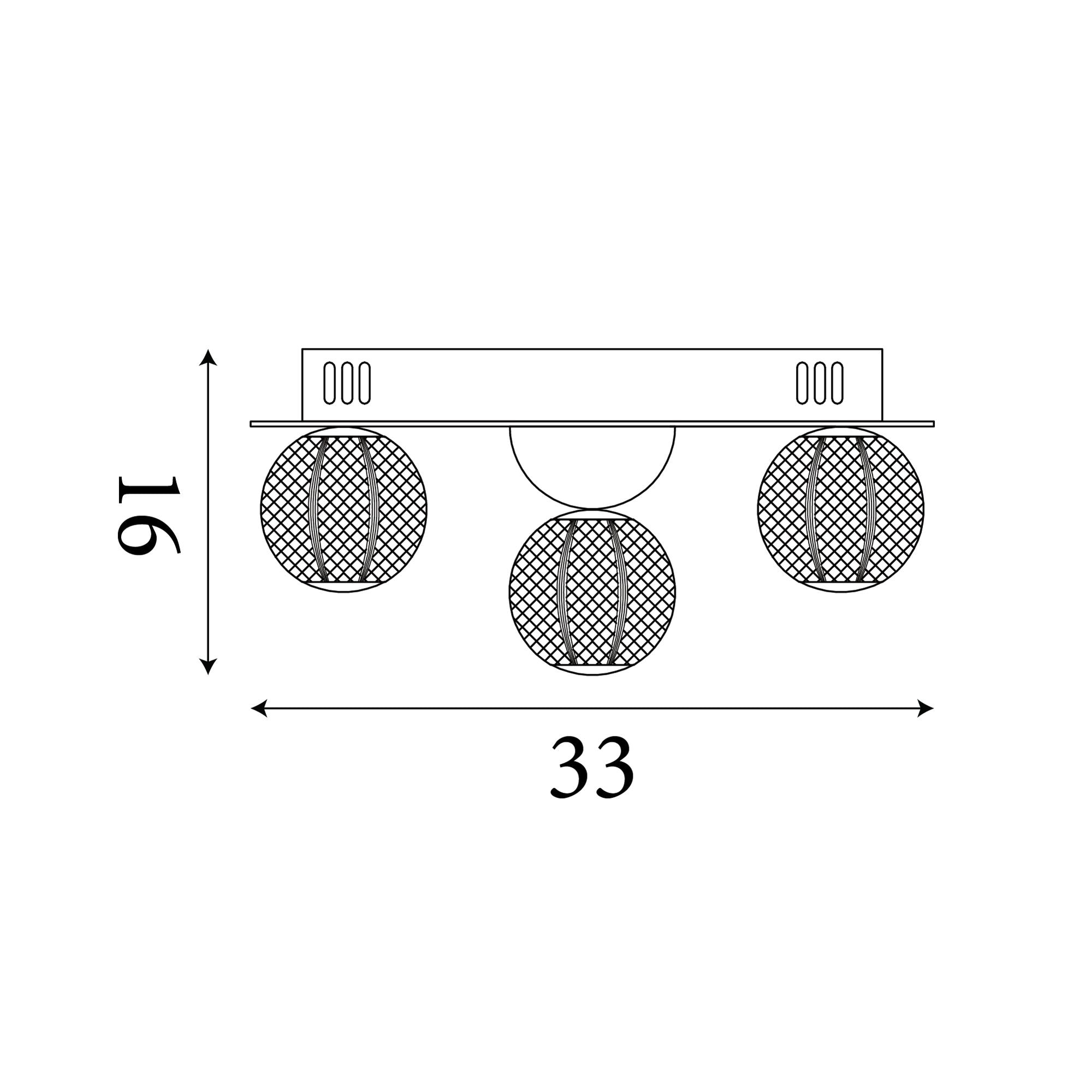 Technical line drawing of the Asteroid LED flush ceiling light showing dimensions of 33cm width and 16cm height with five spheres