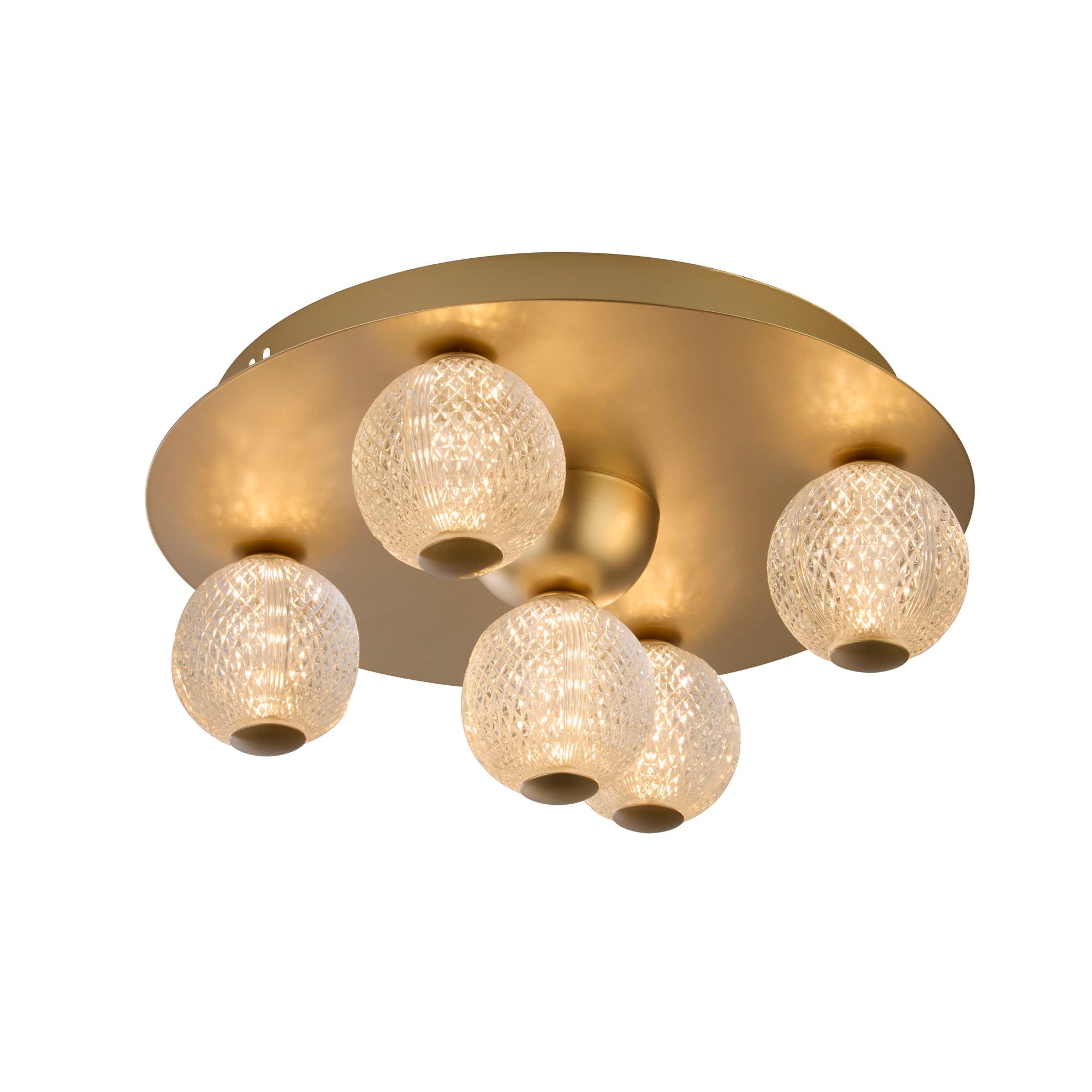 Searchlight Asteroid LED flush ceiling light in gold, angled studio shot showing all five etched acrylic balls lit