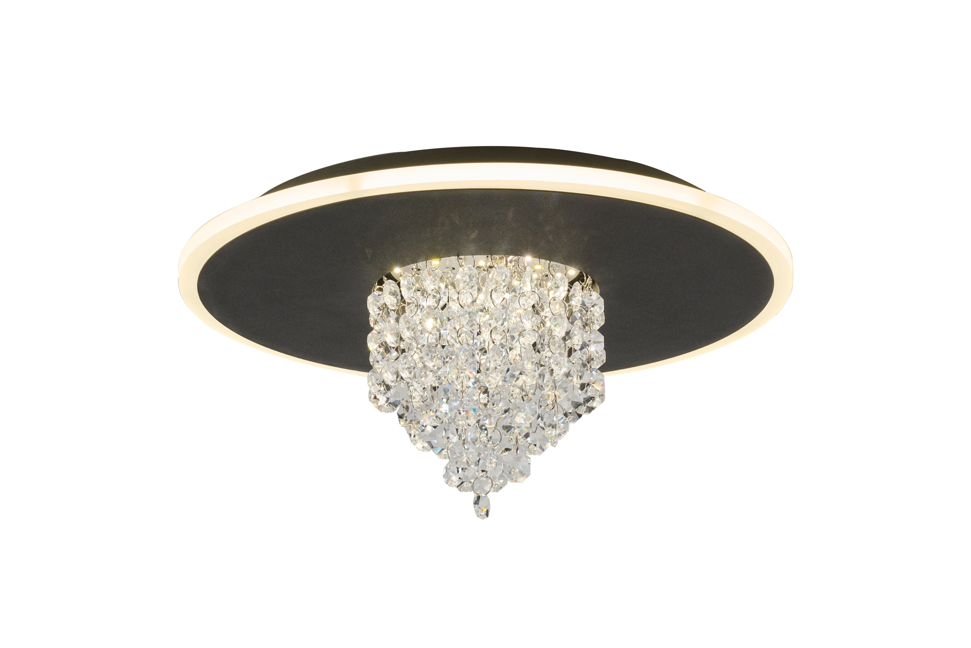 Searchlight Deluge LED flush ceiling light in black, angled studio view showing the crystal glass cascade beneath the illuminated LED ring
