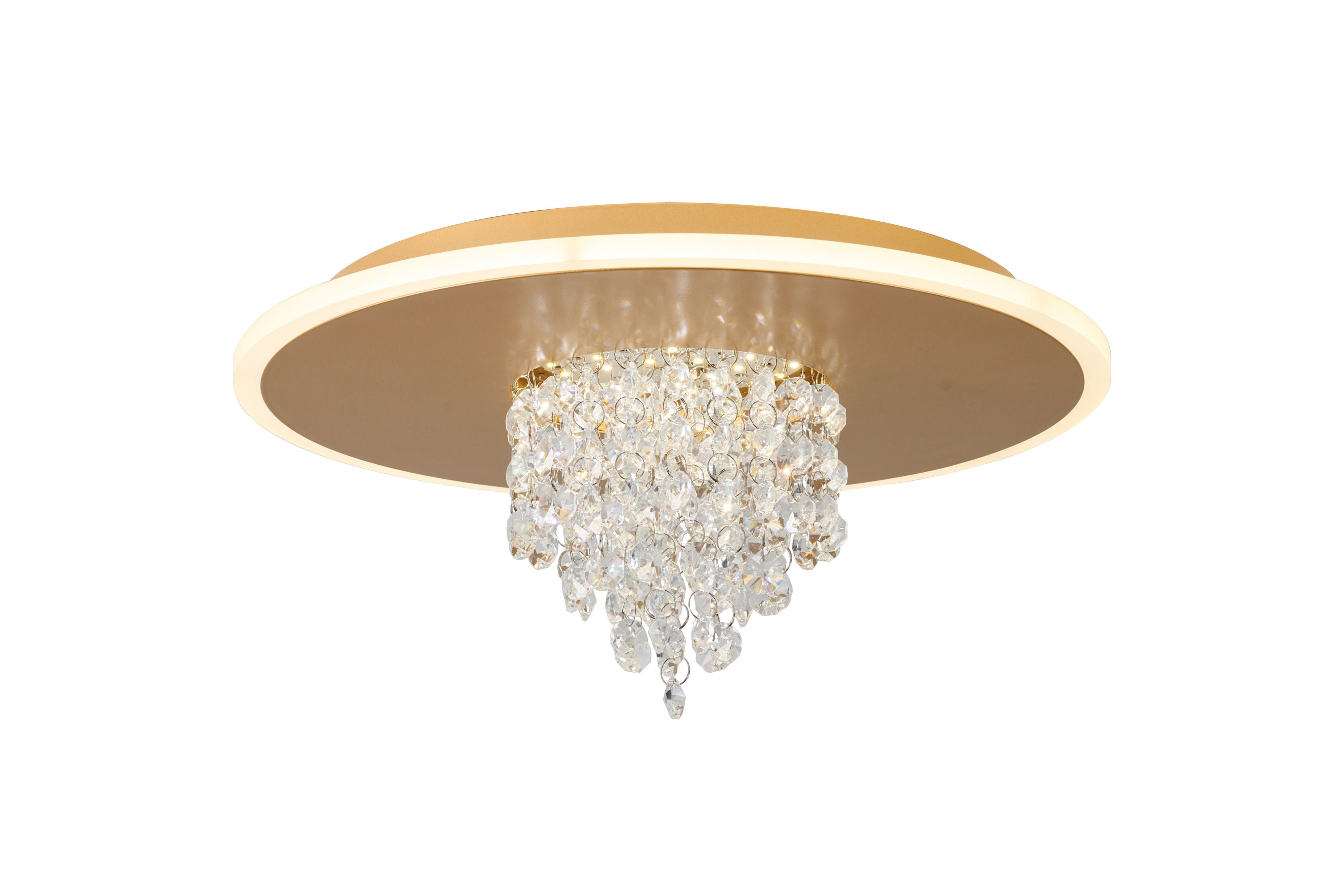 Searchlight Deluge LED flush ceiling light in gold, angled studio view showing the crystal glass cascade beneath the illuminated LED ring