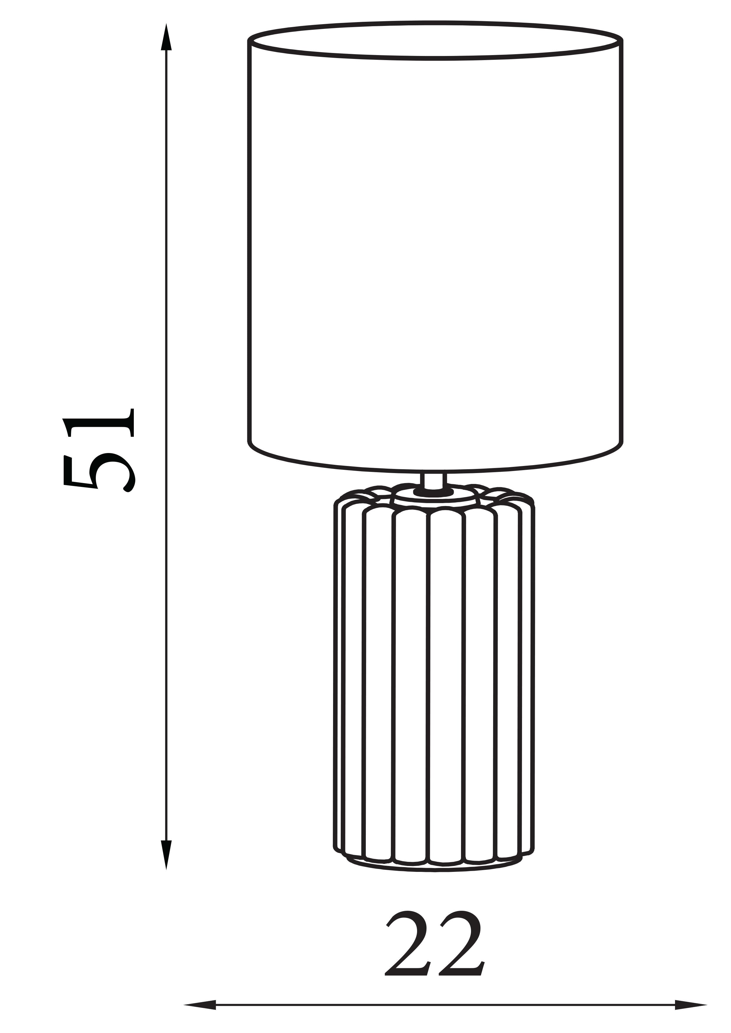 Line drawing of the Groove table lamp showing overall dimensions, 51cm tall by 22cm wide including the shade