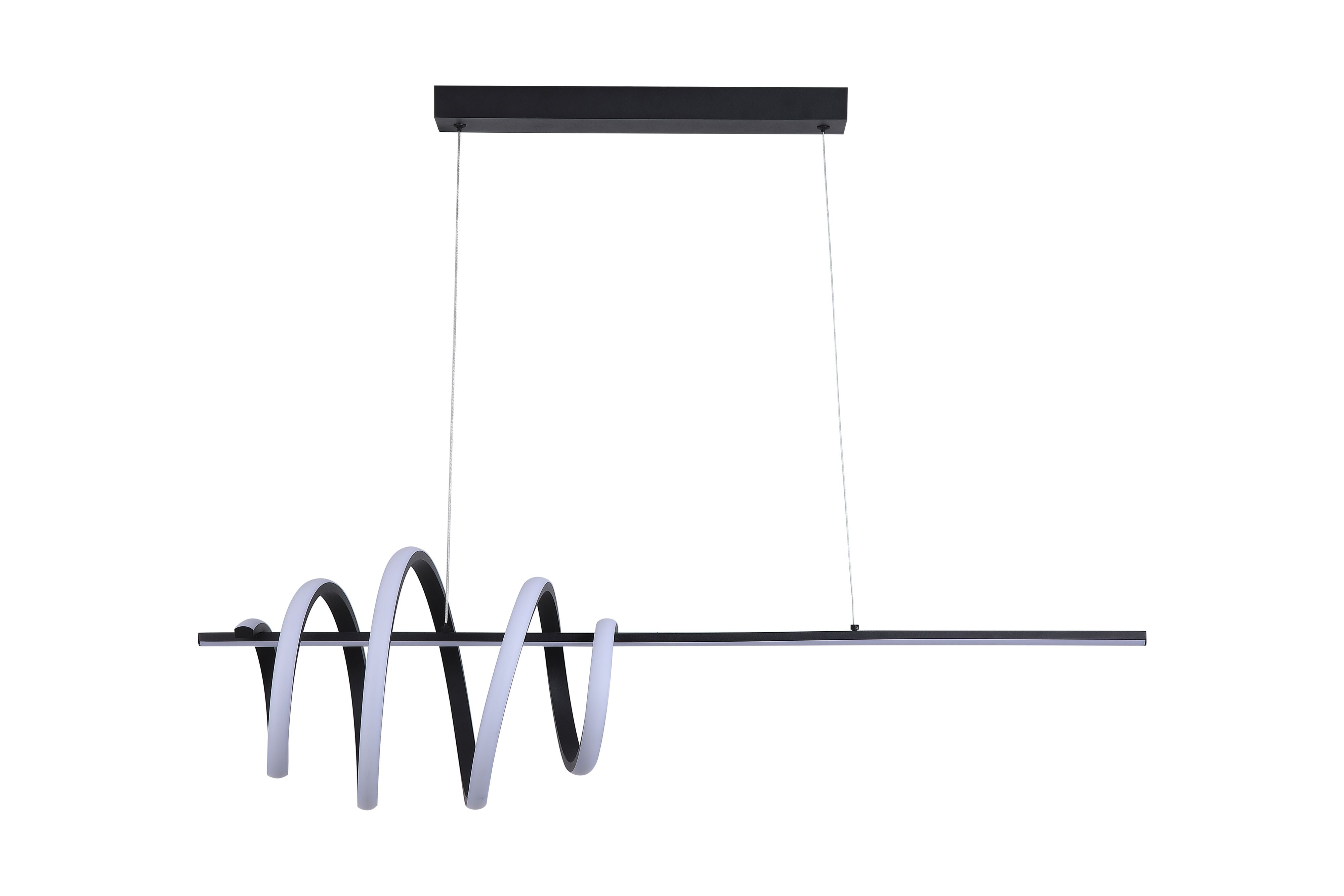 Searchlight Sword LED Pendant in black, studio shot on a white background showing the coiled ribbon illuminated in warm white light