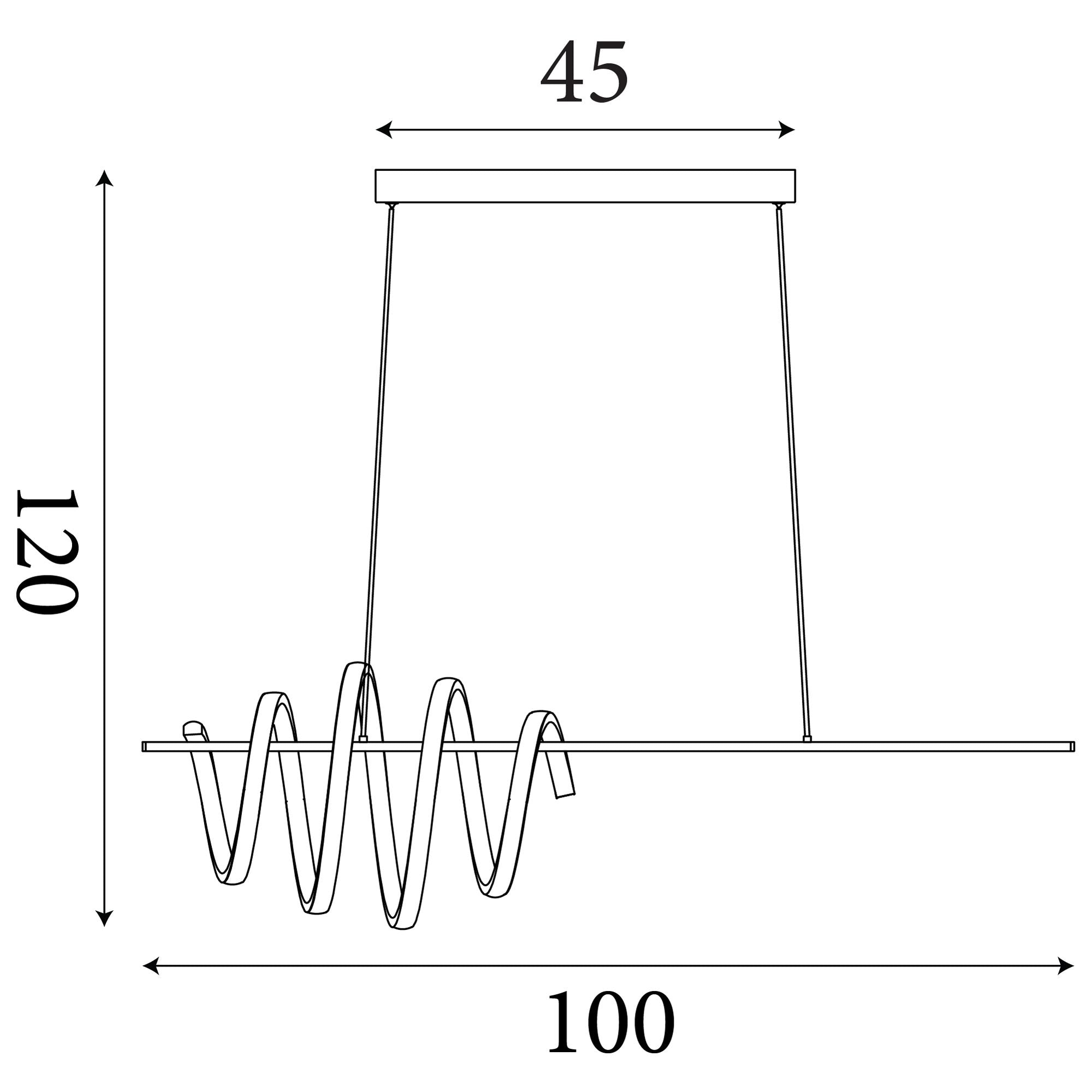 Technical line drawing of the Sword LED Pendant showing a 45cm ceiling bar, 100cm drop width and 120cm maximum height