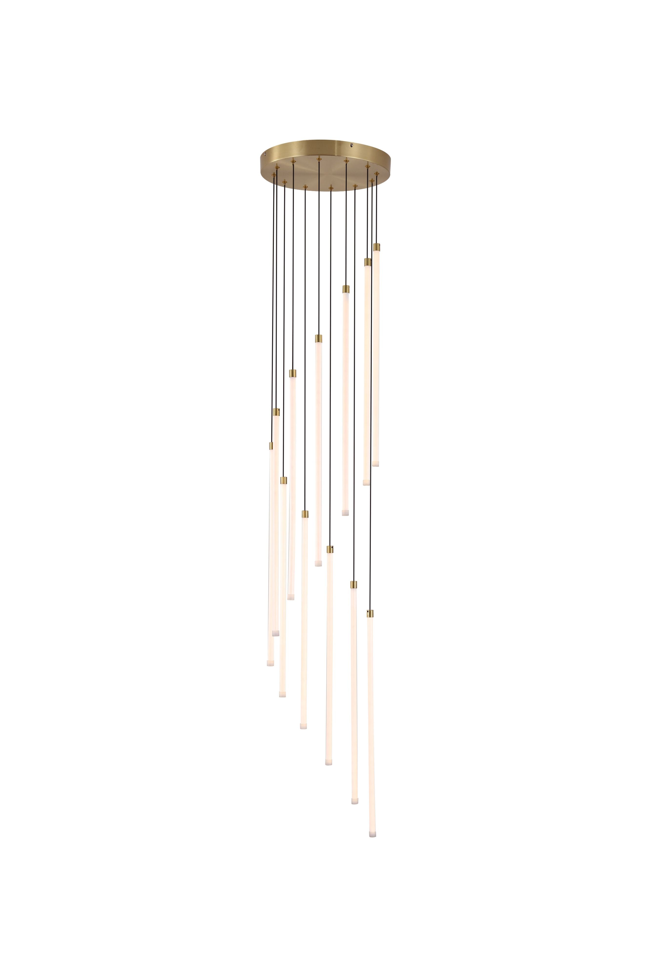 Searchlight Flare 12 light stairwell pendant in satin brass, studio shot showing the LED tubes cascading at staggered lengths from the ceiling plate