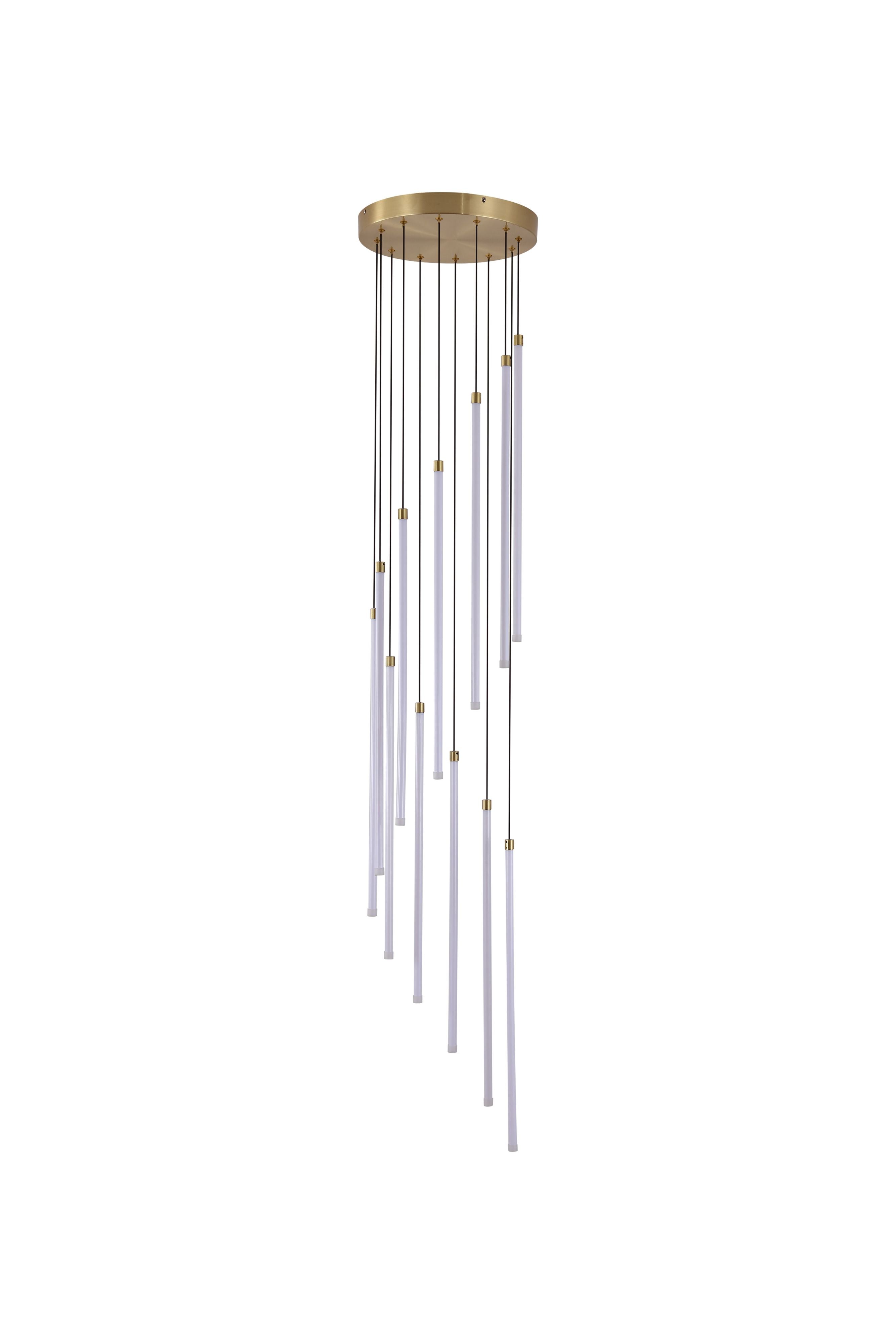 Searchlight Flare 12 light stairwell pendant in satin brass, studio shot from a slightly different angle showing the full spread of LED tubes