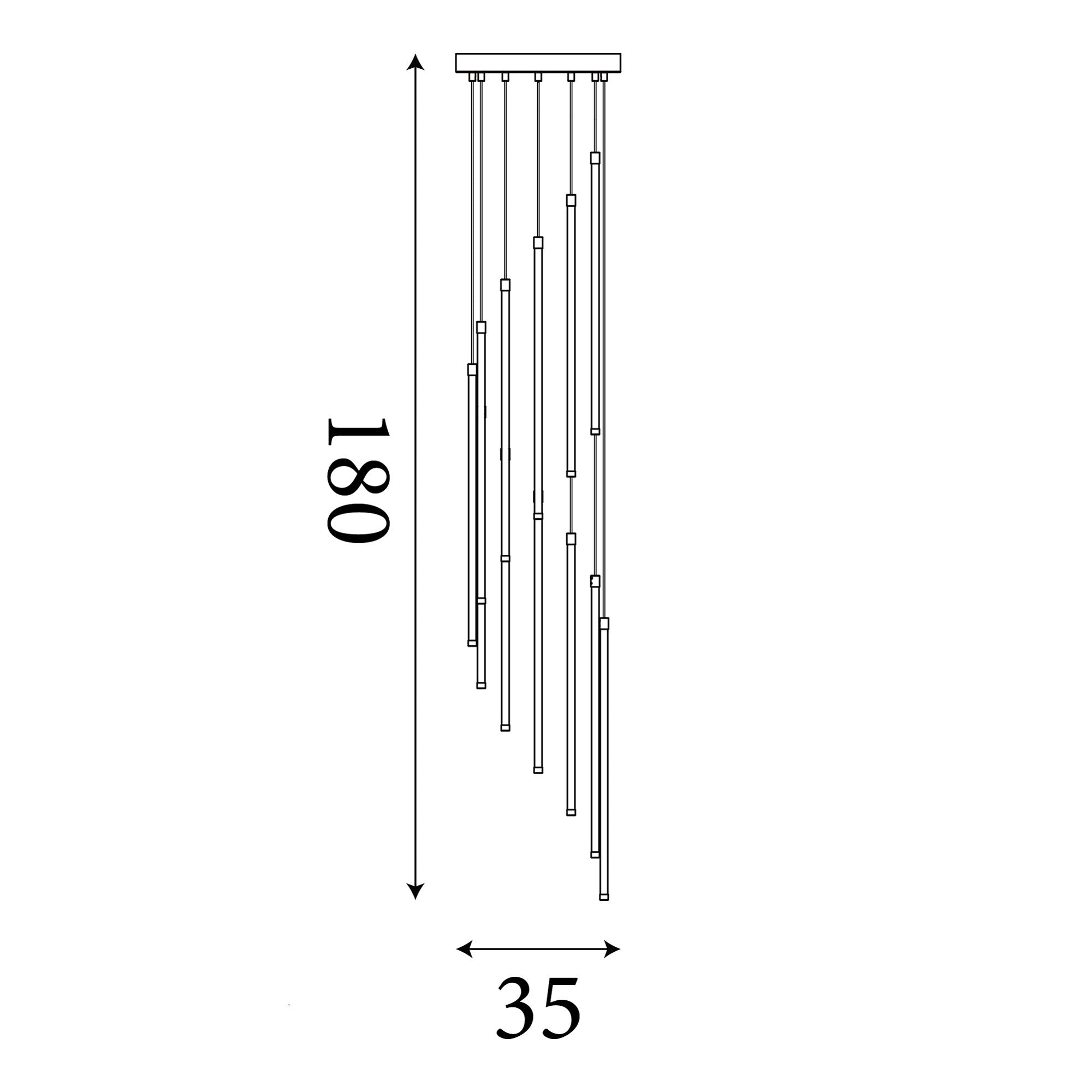 Technical line drawing of the Flare pendant showing a 180cm maximum drop and 35cm spread