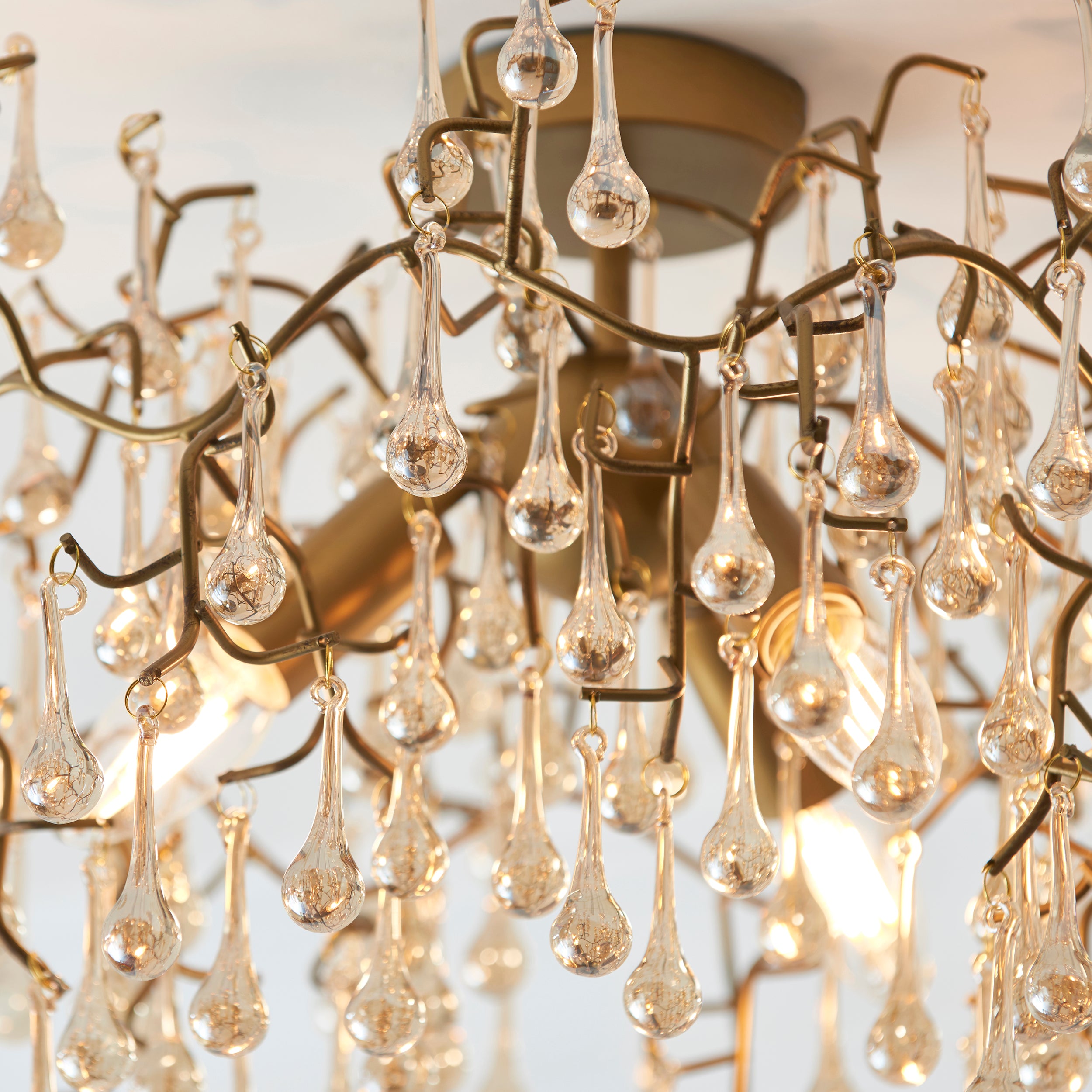 Utopia Drip 3 Light Semi Flush Fitting - Aged Gold With Champagne Tinted Glass - 55cm Diameter