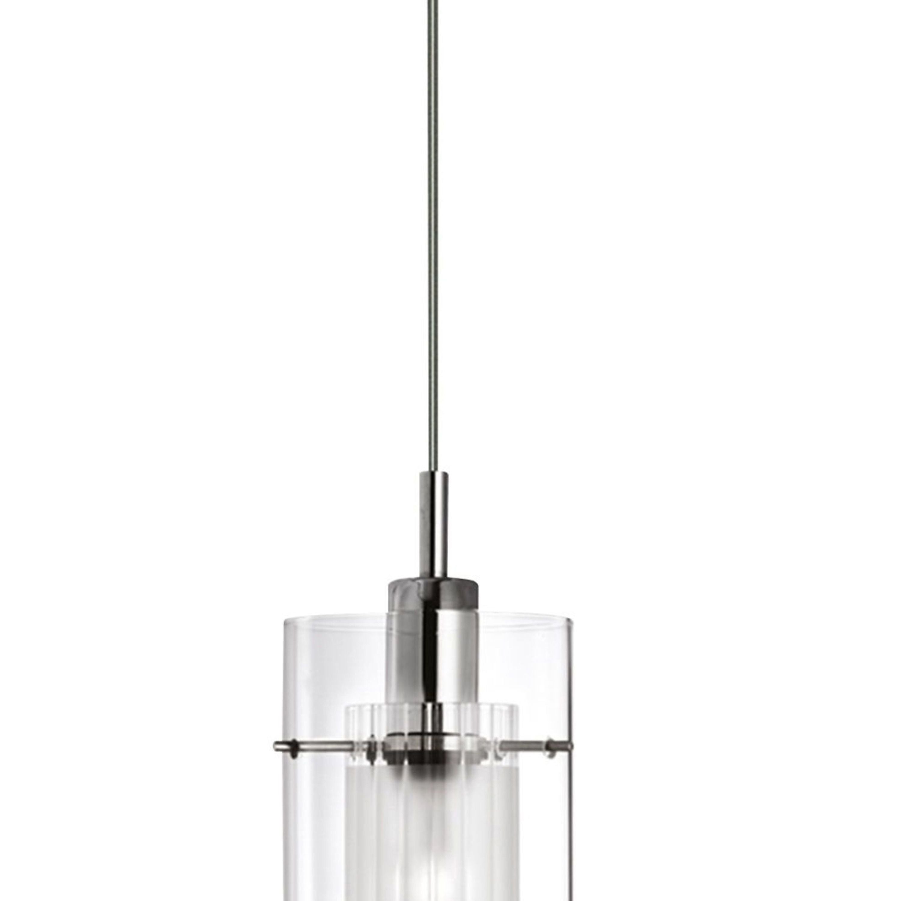 Close up of the Duo I pendant's chrome fitting and double glass shade, showing the frosted inner sleeve inside the clear outer cylinder