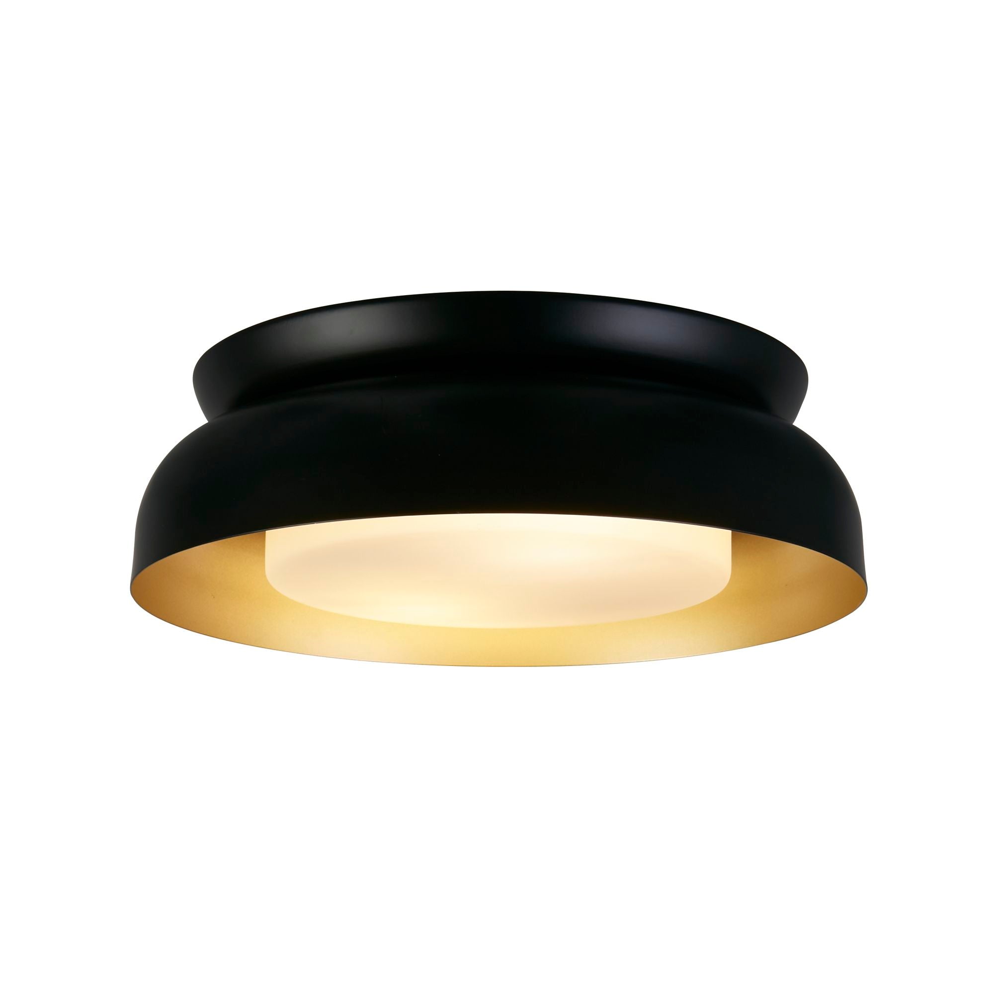 Searchlight Kendal 2 light flush ceiling light in black and gold, angled studio view showing the frosted glass diffuser lit from within