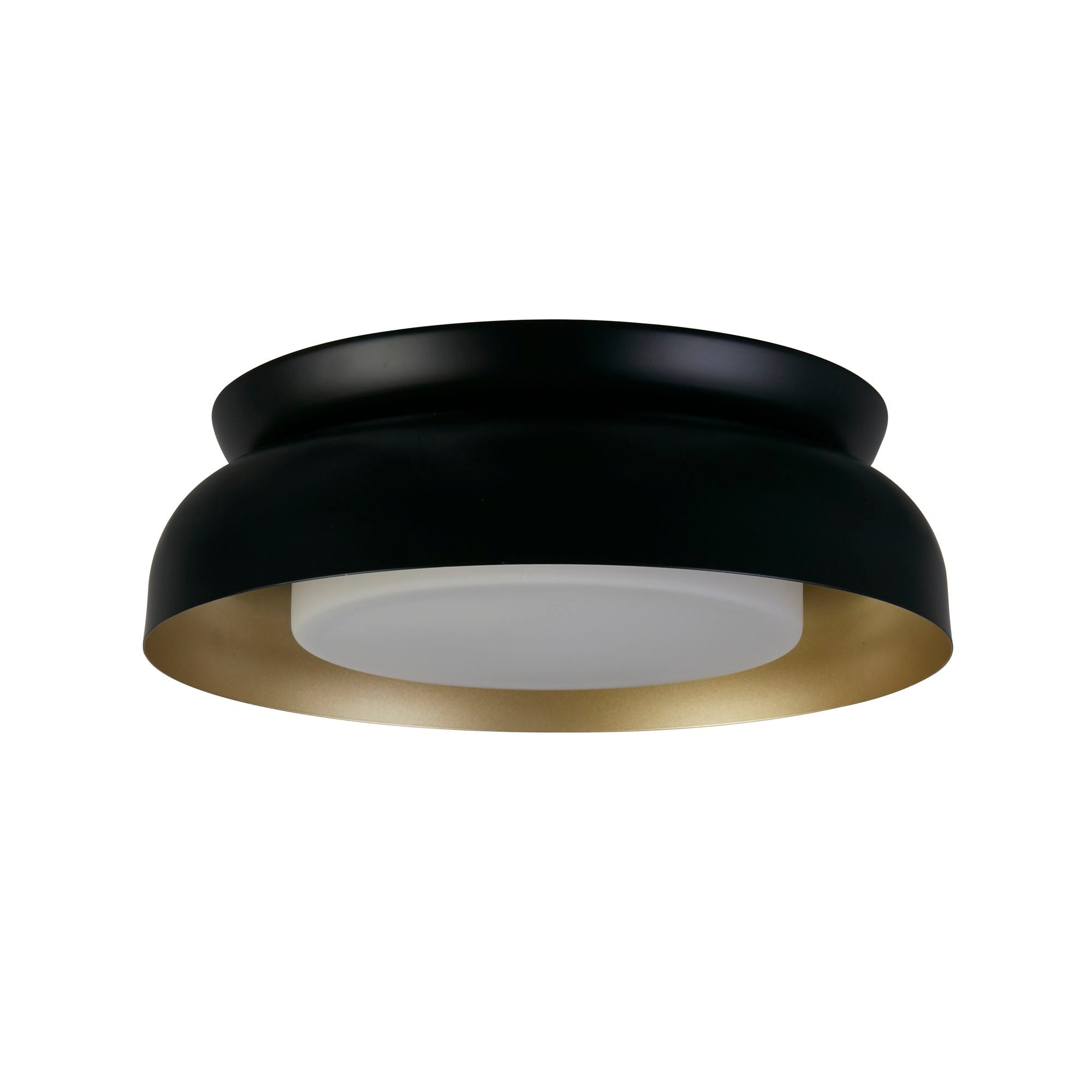 Searchlight Kendal 2 light flush ceiling light in black and gold, front on studio view showing the rounded dome shape and frosted diffuser