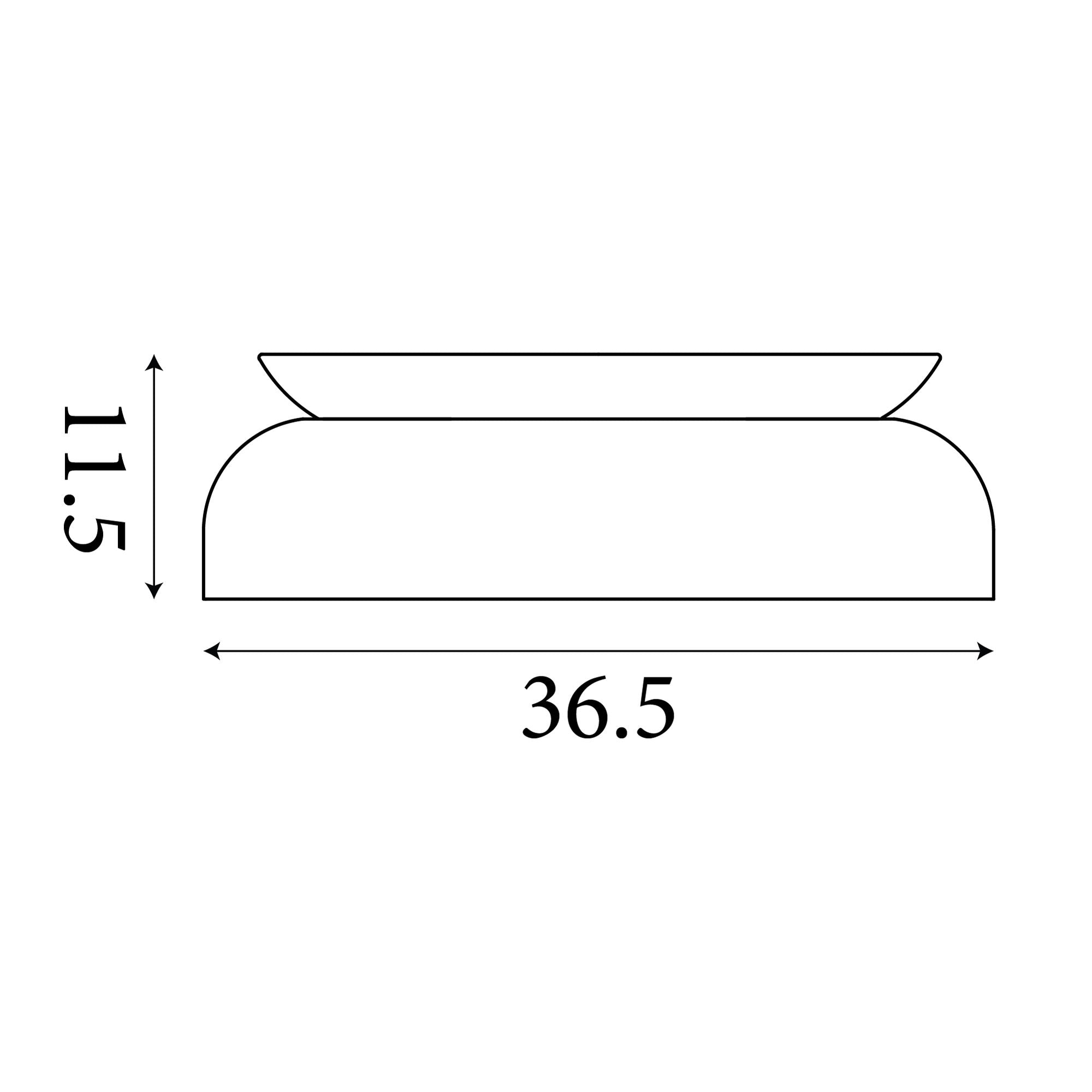 Technical dimension drawing of the Searchlight Kendal 2 light flush ceiling light showing 11.5cm height and 36.5cm width