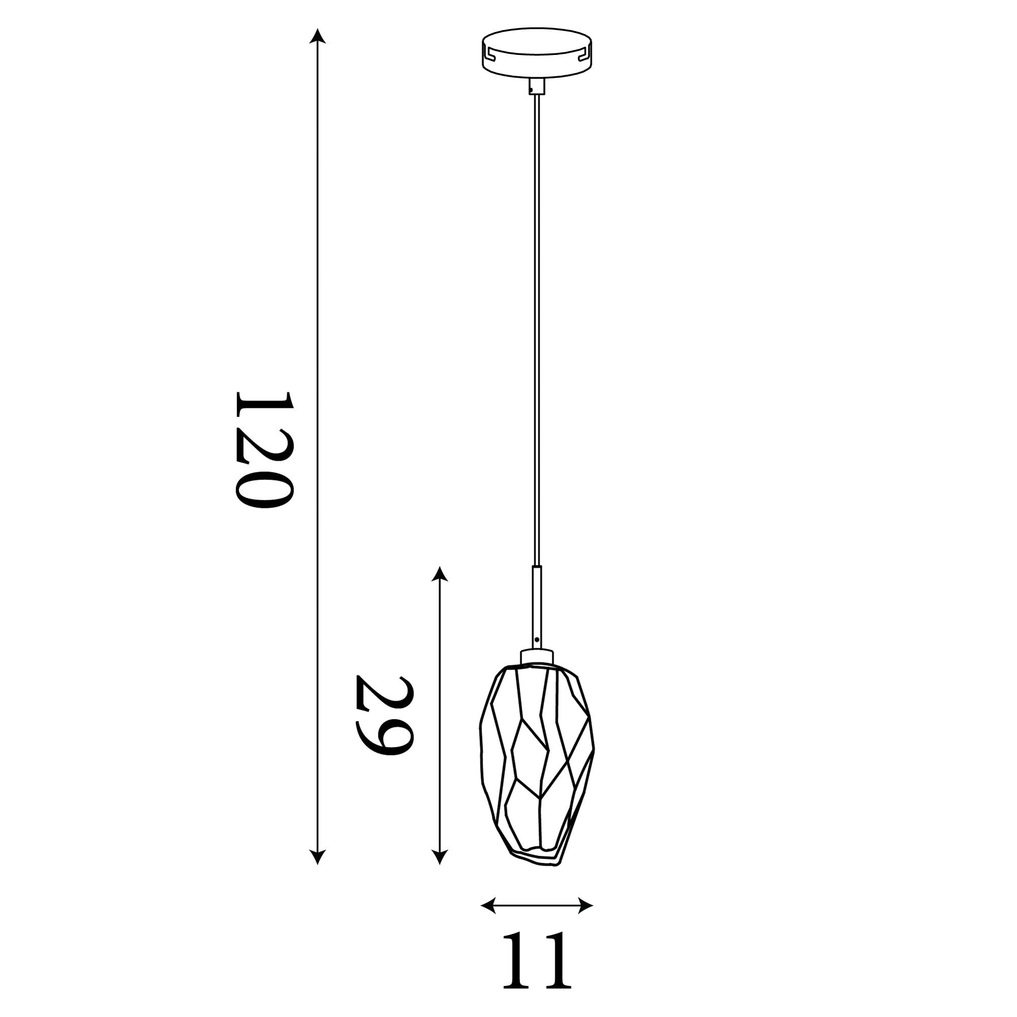 Technical line drawing of the Rocky 1 light pendant showing 120cm drop height, 29cm shade height, and 11cm width