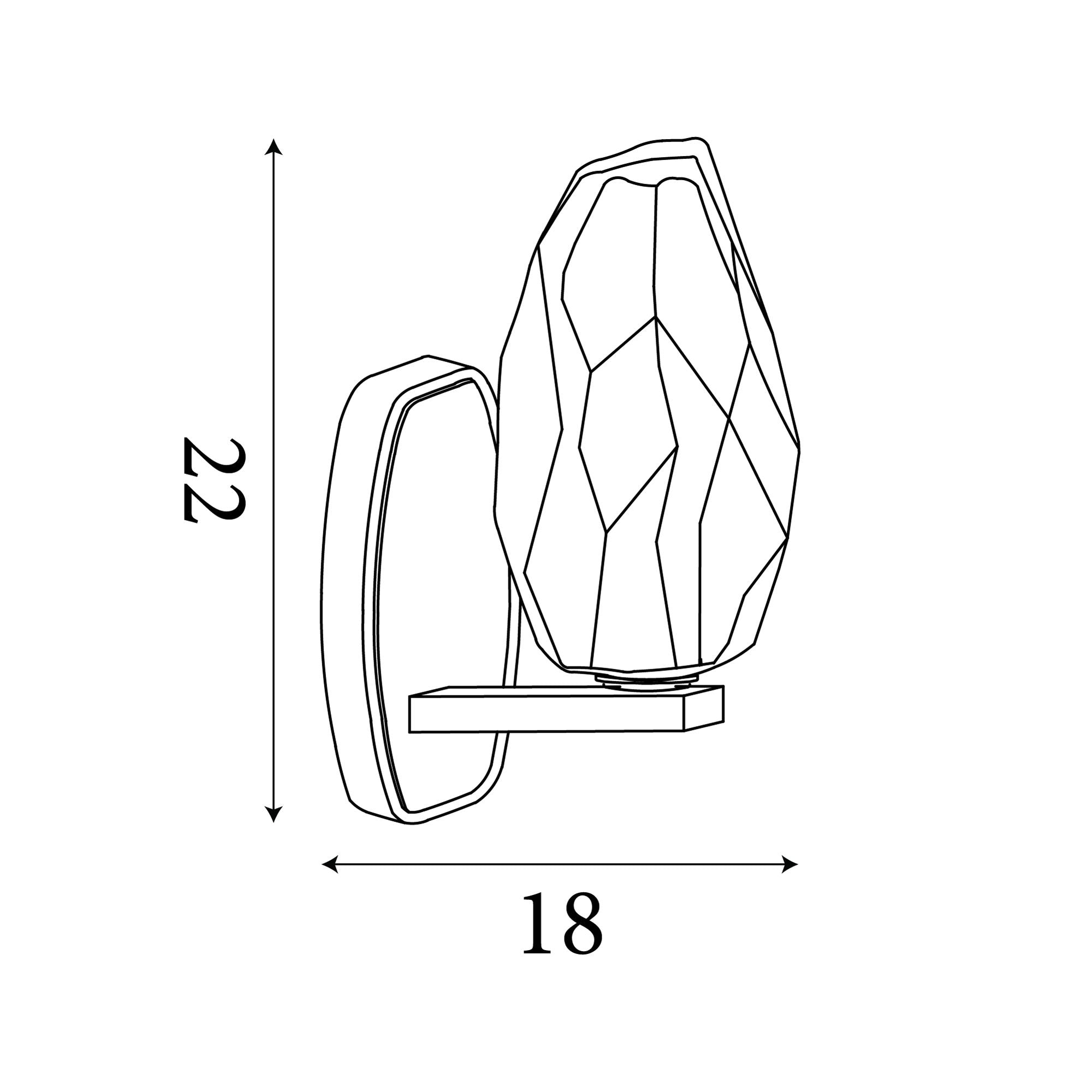 Technical line drawing of the Rocky 1 light wall light showing 22cm height and 18cm projection