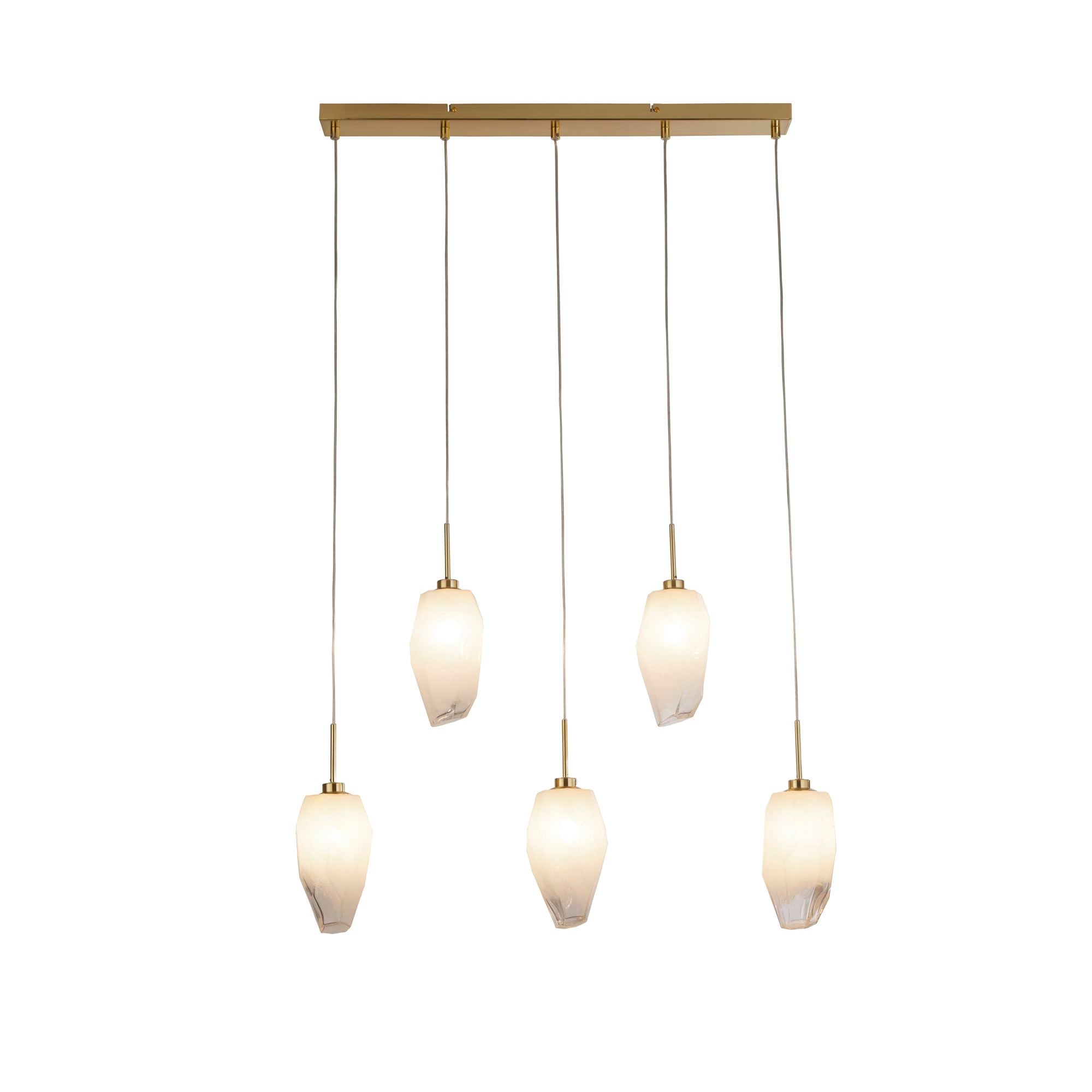 Searchlight Rocky 5 light bar pendant in satin brass, five faceted glass shades staggered along the bar, lit with a warm white glow