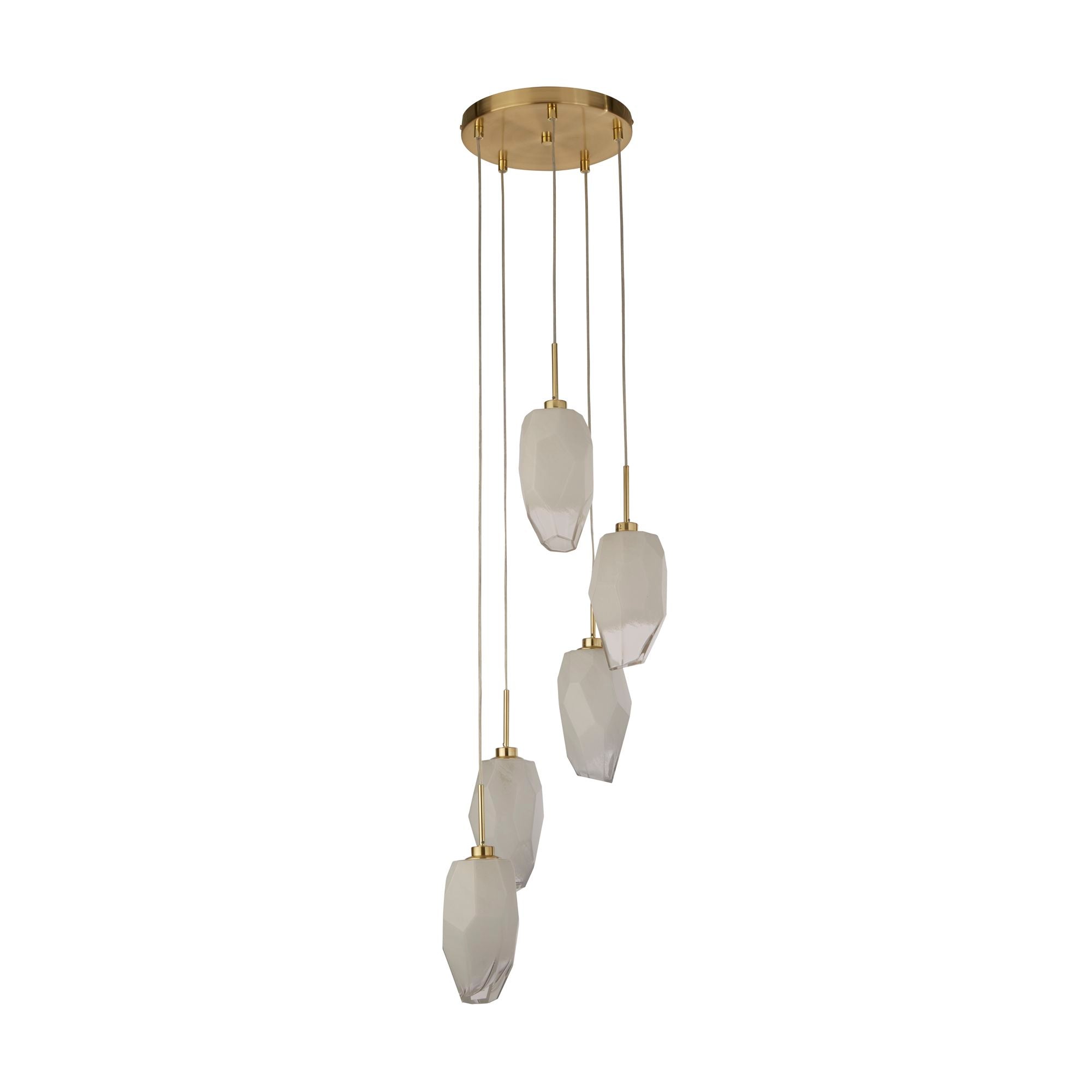 Searchlight Rocky 5 light multi drop pendant in satin brass, same staggered arrangement shown with a cooler grey white tone to the glass