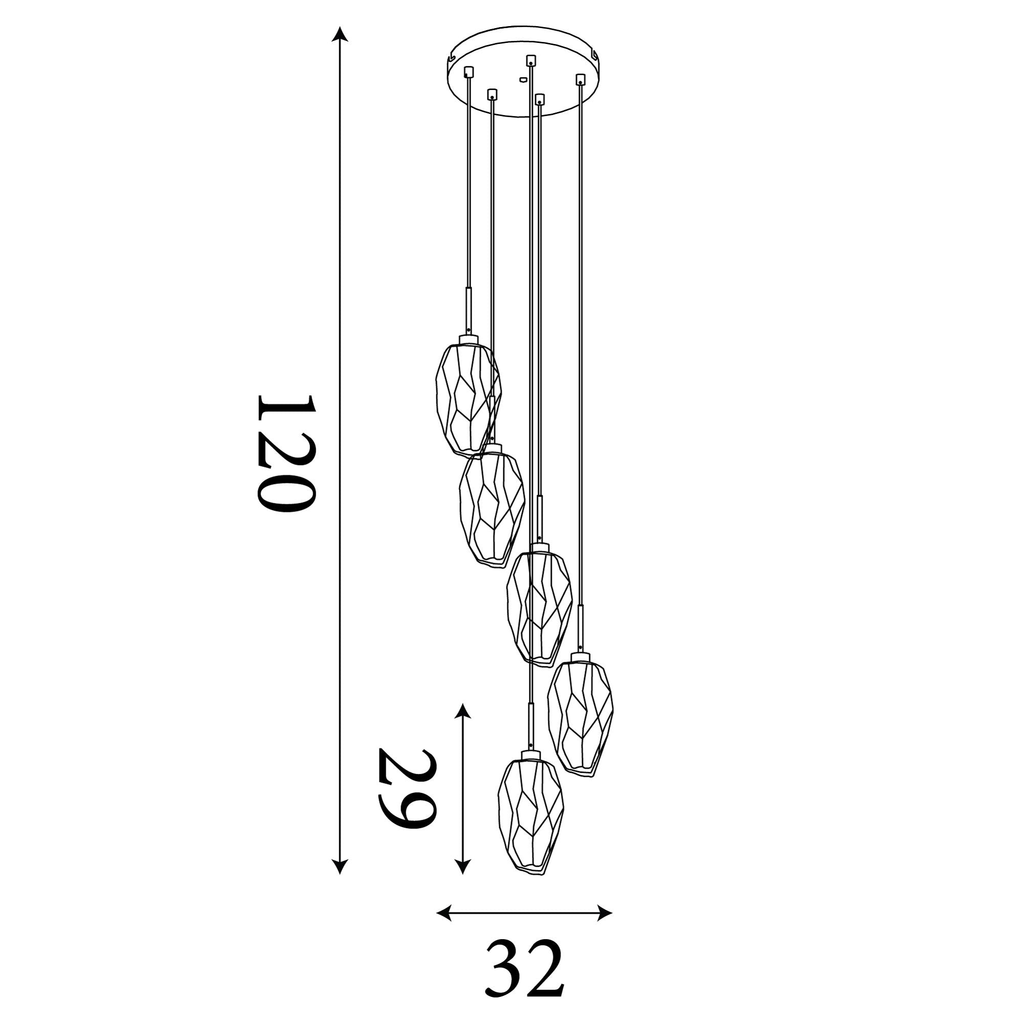 Technical line drawing of the Rocky 5 light multi drop pendant showing 32cm width, 120cm maximum drop height, and 29cm shade length