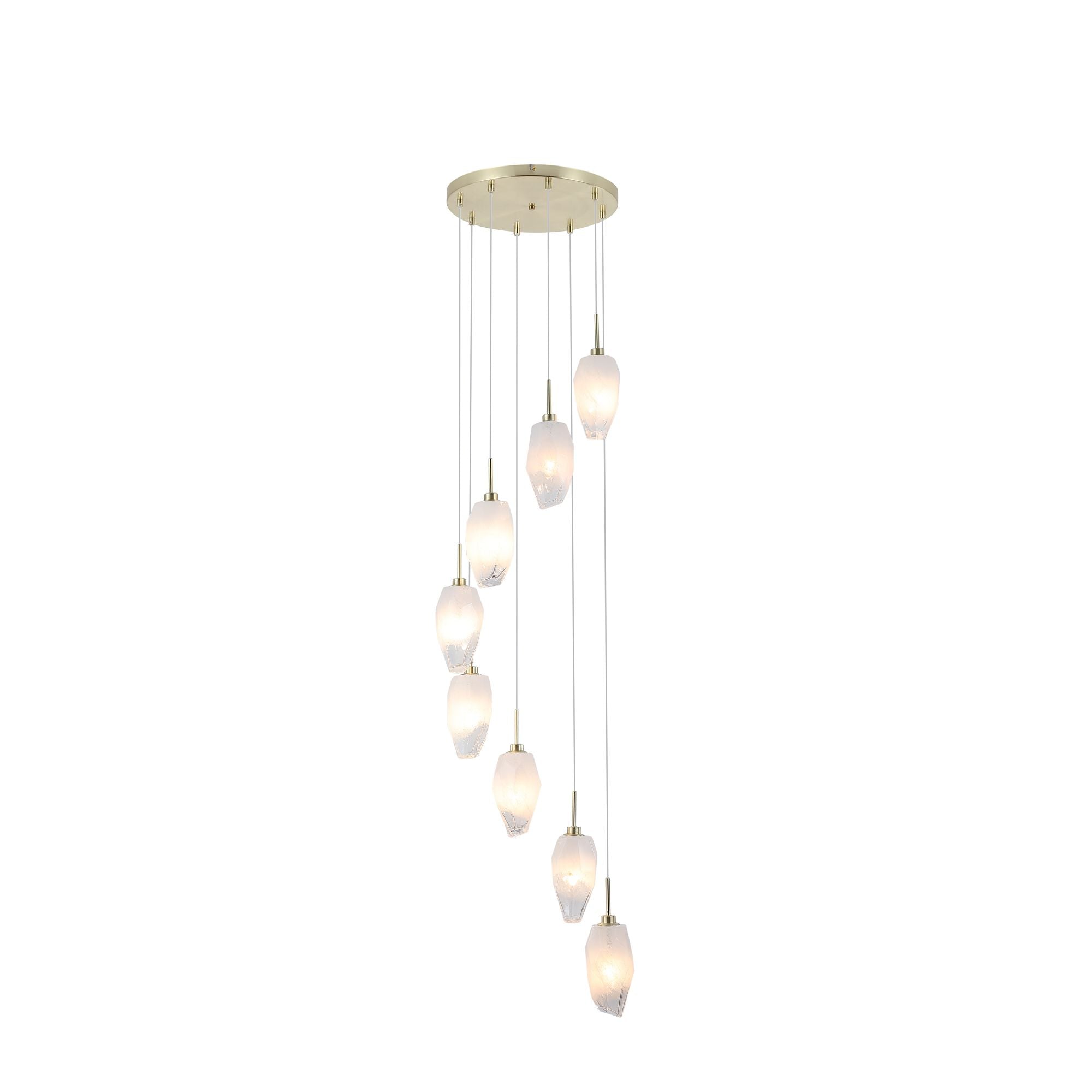 Searchlight Rocky 8 light multi drop pendant in satin brass, studio shot showing the full cascade of frosted and clear faceted glass shades