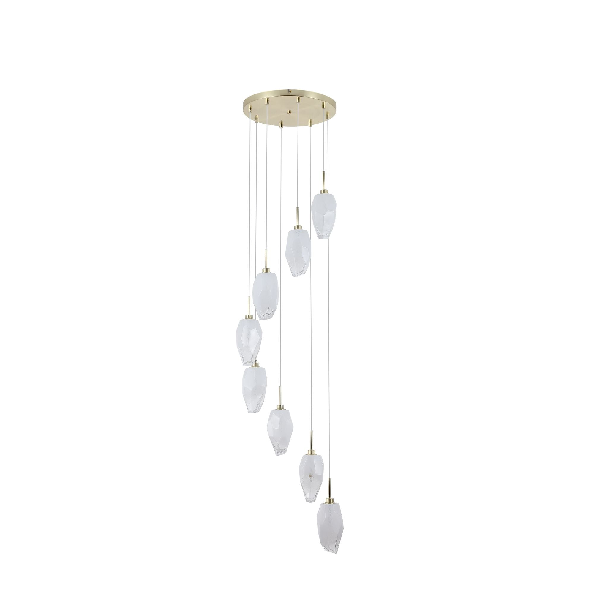 Searchlight Rocky 8 light multi drop pendant in satin brass, alternate angle of the cascading faceted glass shades