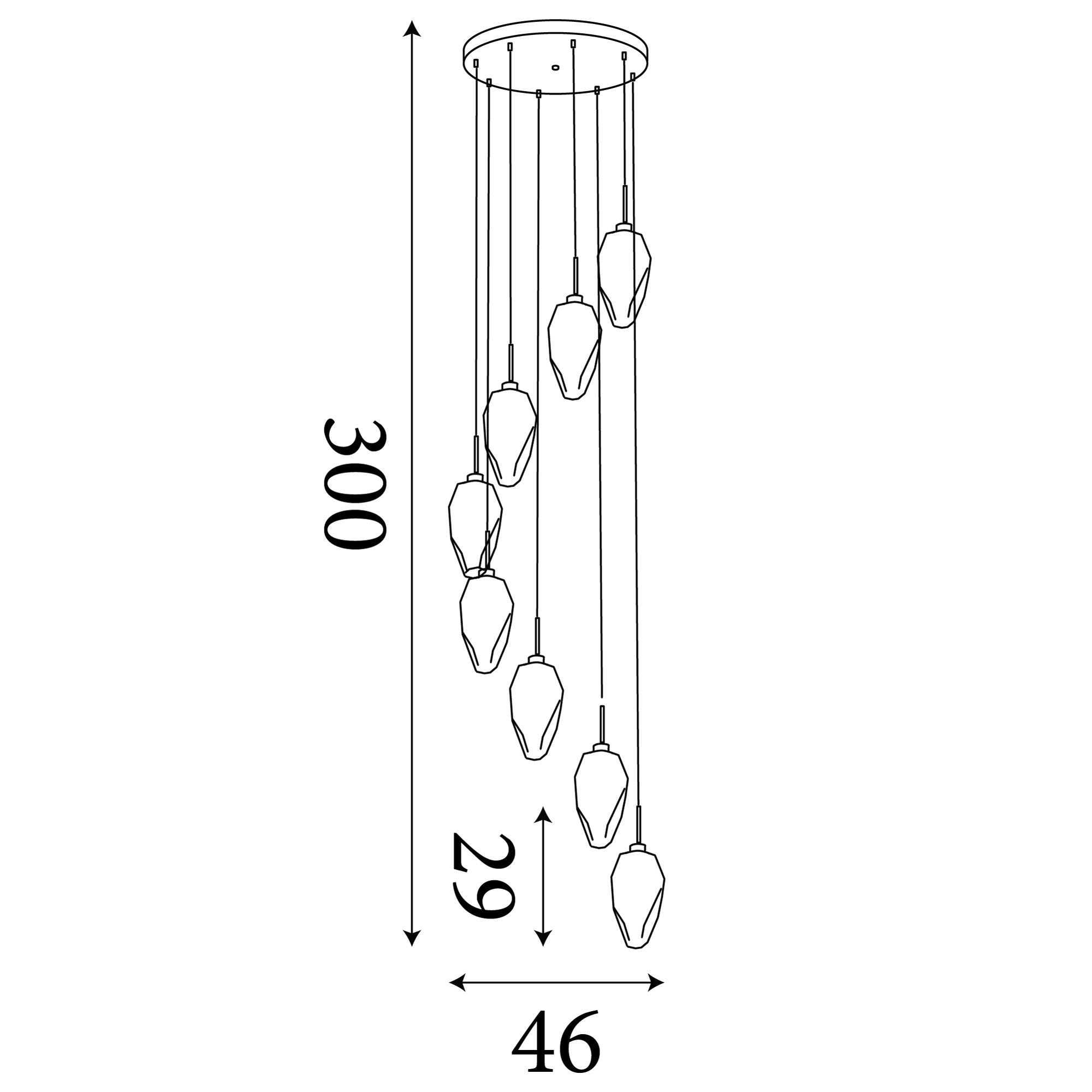 Technical drawing of the Rocky 8 light pendant showing dimensions, 46cm wide with a maximum drop of 300cm