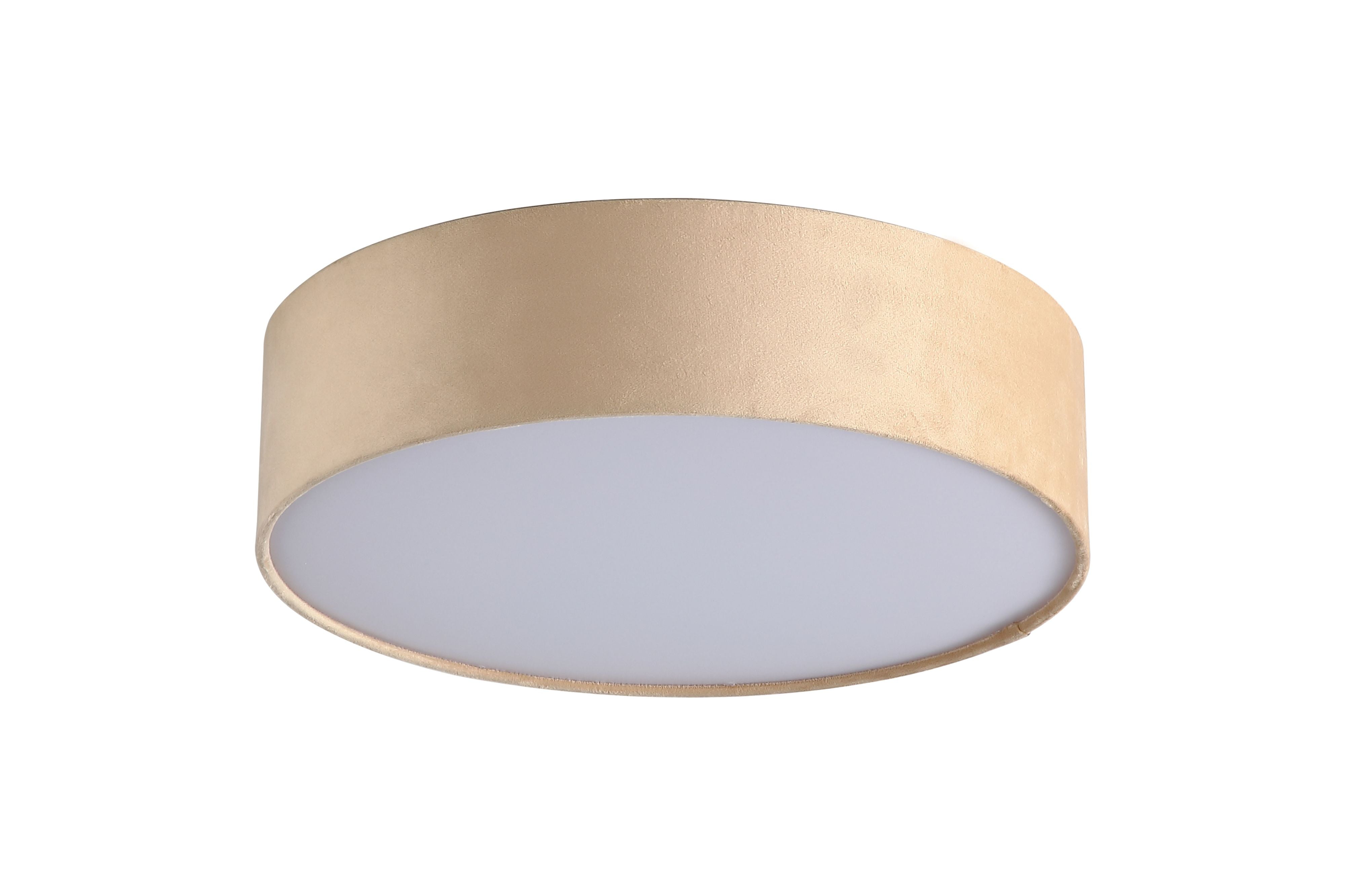 Searchlight Drum 2 light flush ceiling light in champagne velvet, straight on view of the drum shade lit from within