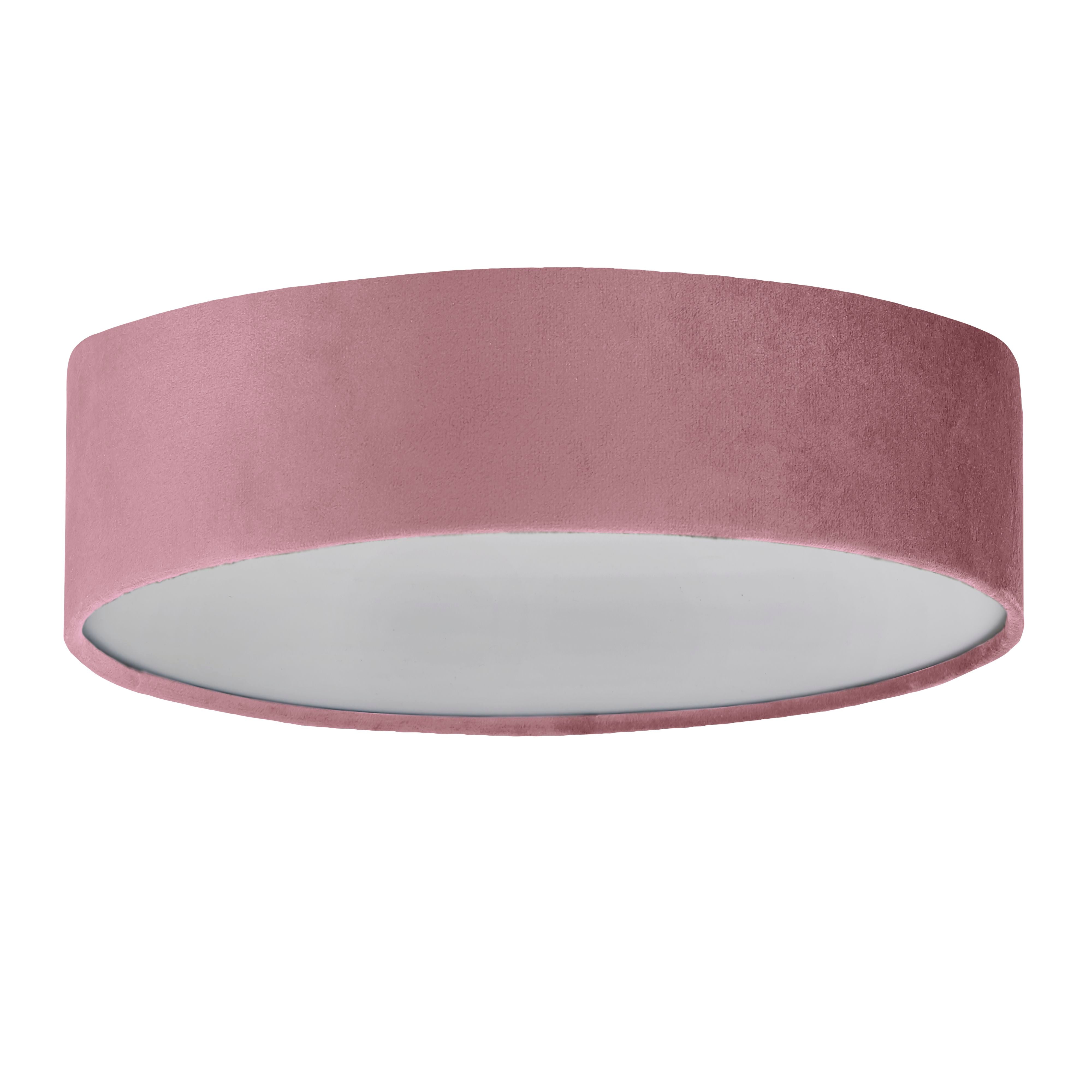 Searchlight Drum 2 light flush ceiling light in blush pink velvet, close angled view of the drum shade against the ceiling