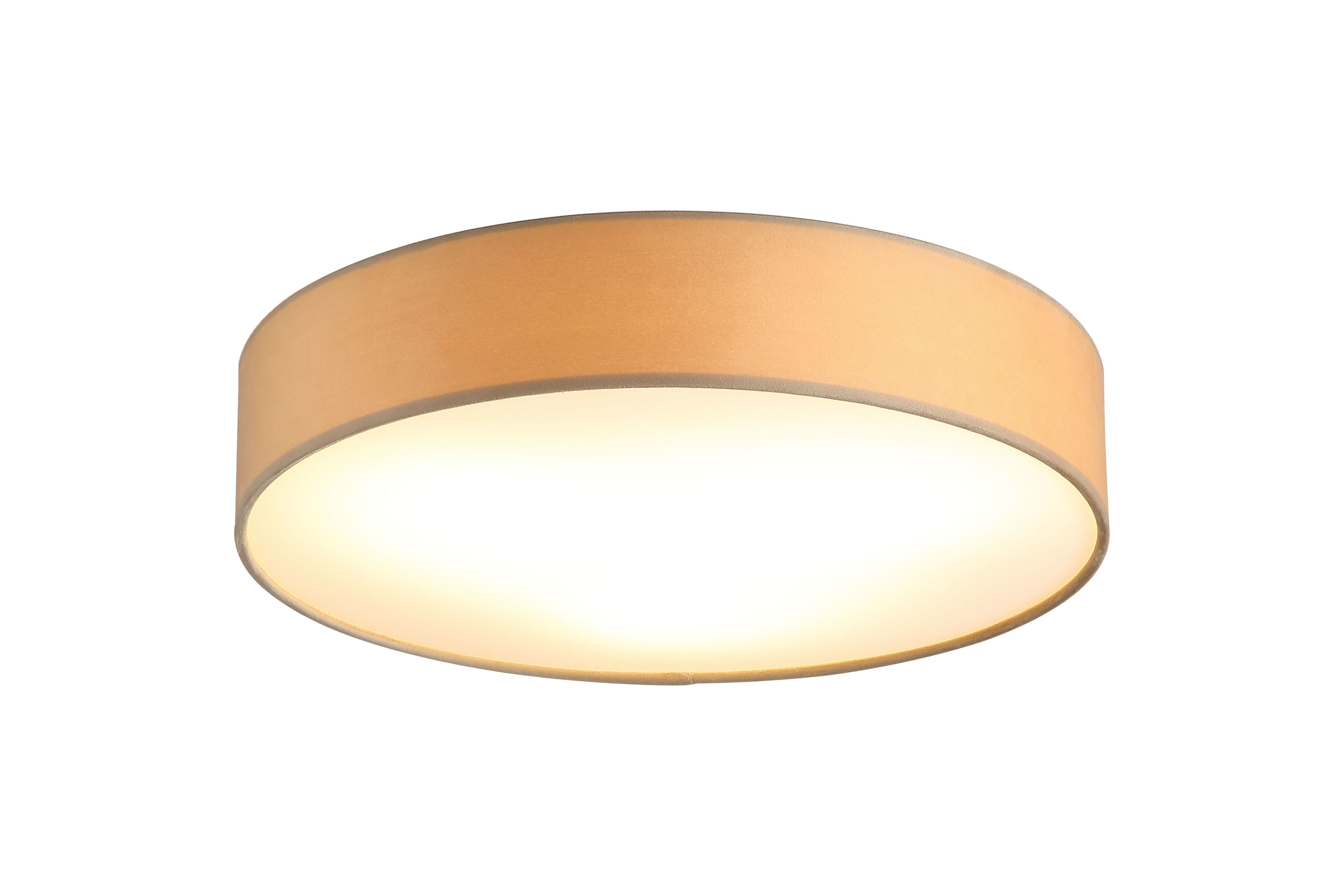 Searchlight Drum 3 light flush ceiling light in champagne velvet, angled view of the 50cm shade glowing warm above a white diffuser