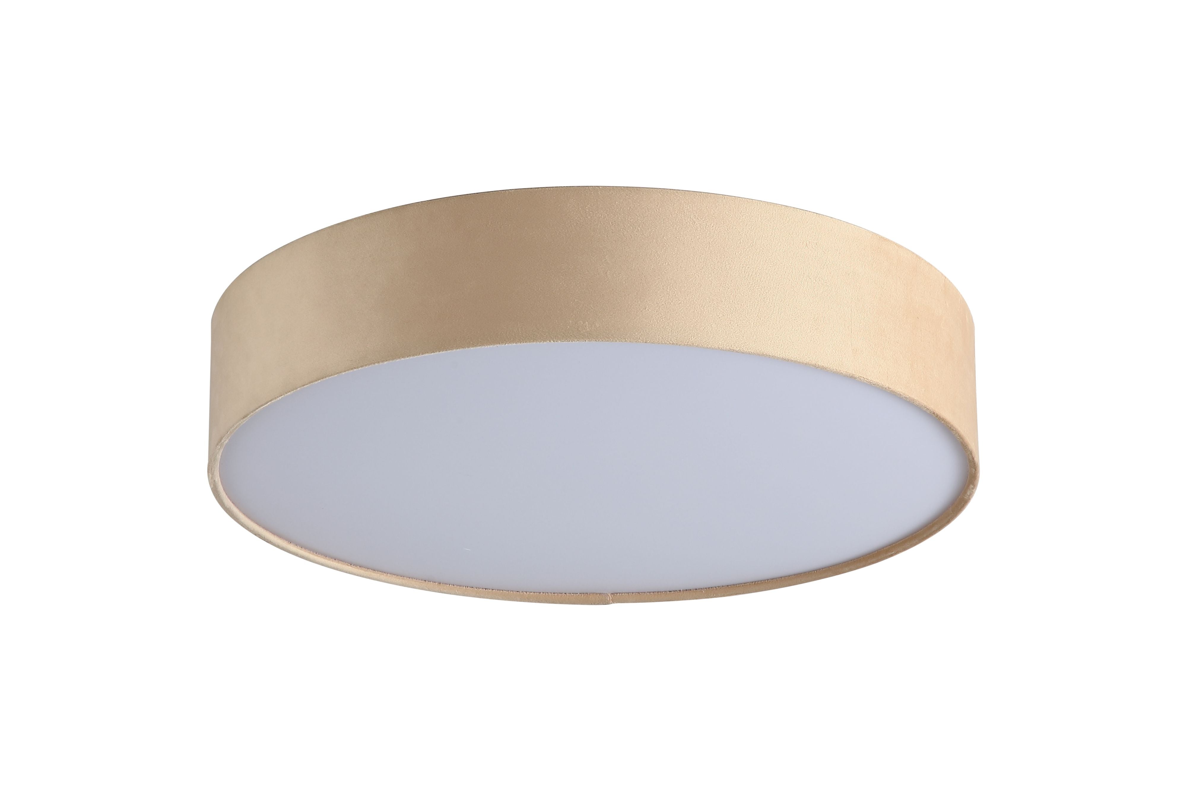 Searchlight Drum 3 light flush ceiling light in champagne velvet, straight on view of the drum shade lit from within