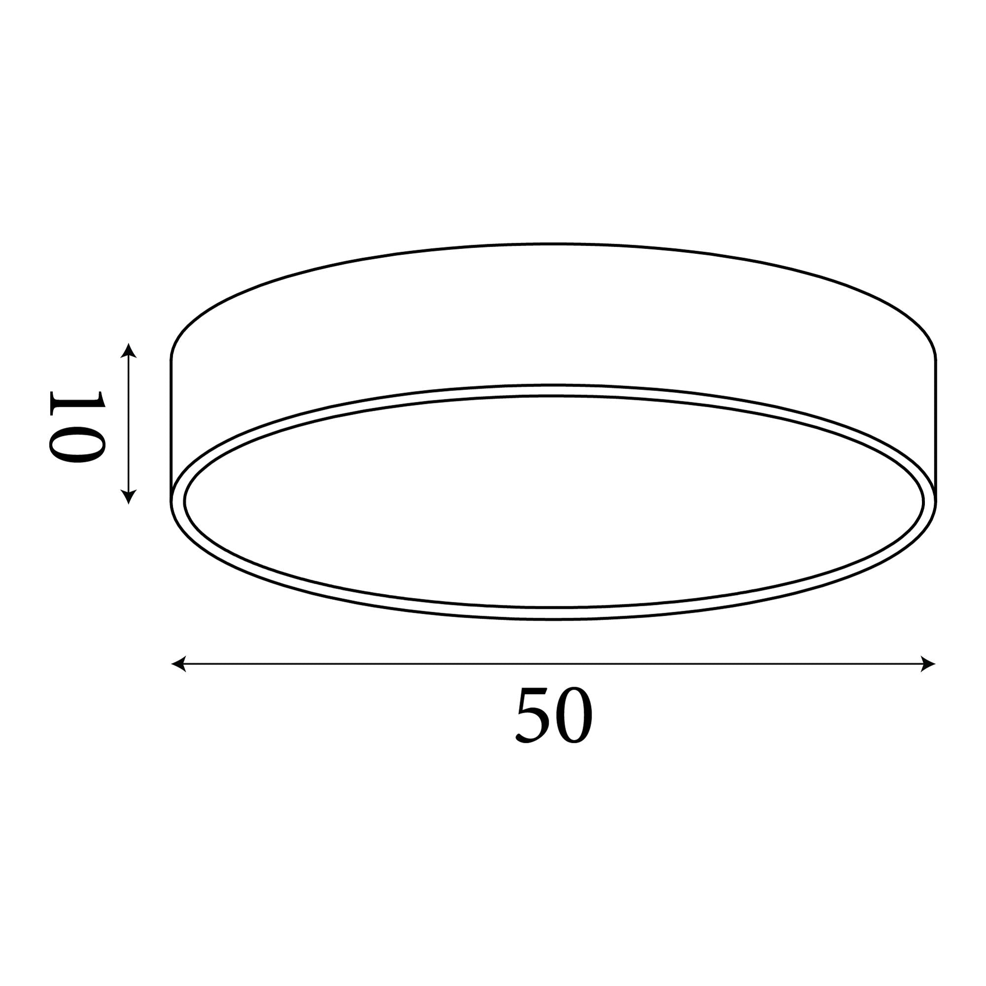 Technical line drawing of the Searchlight Drum 3 light flush ceiling light showing a 50cm diameter and 10cm height