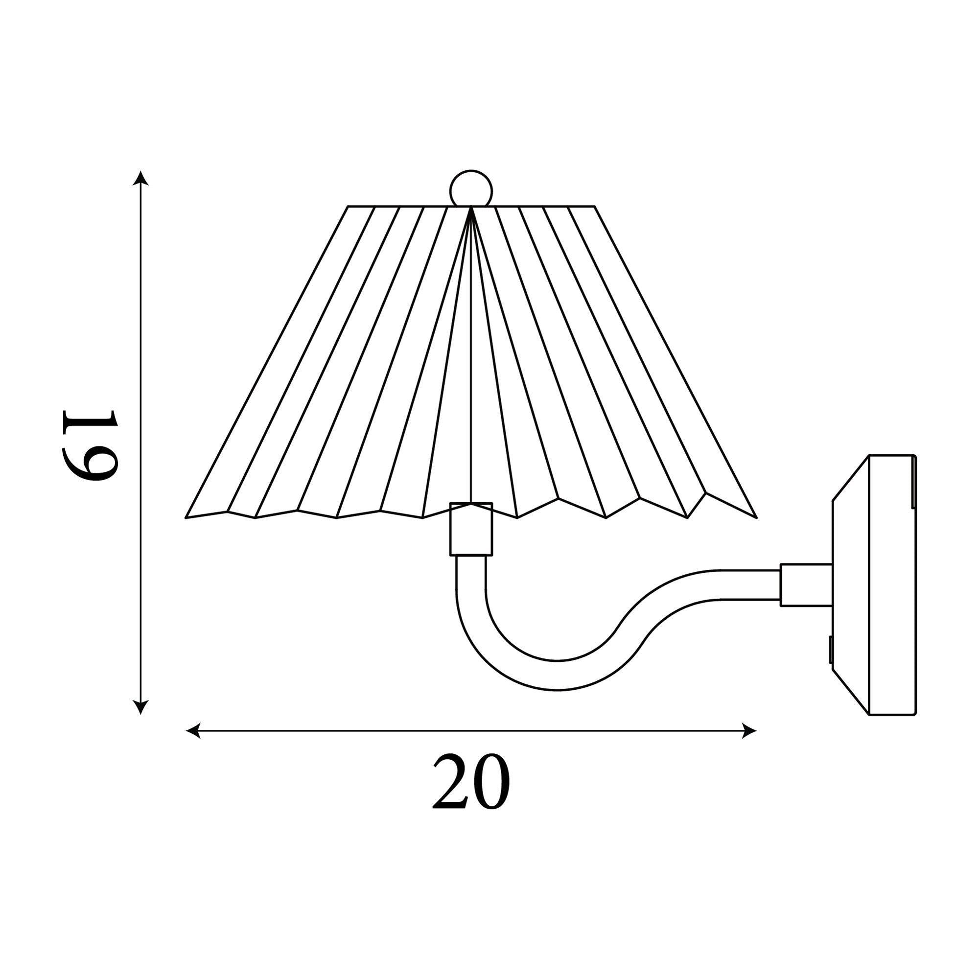 Technical line drawing of the Danish wall light showing its 19cm height, 20cm width and pleated shade profile