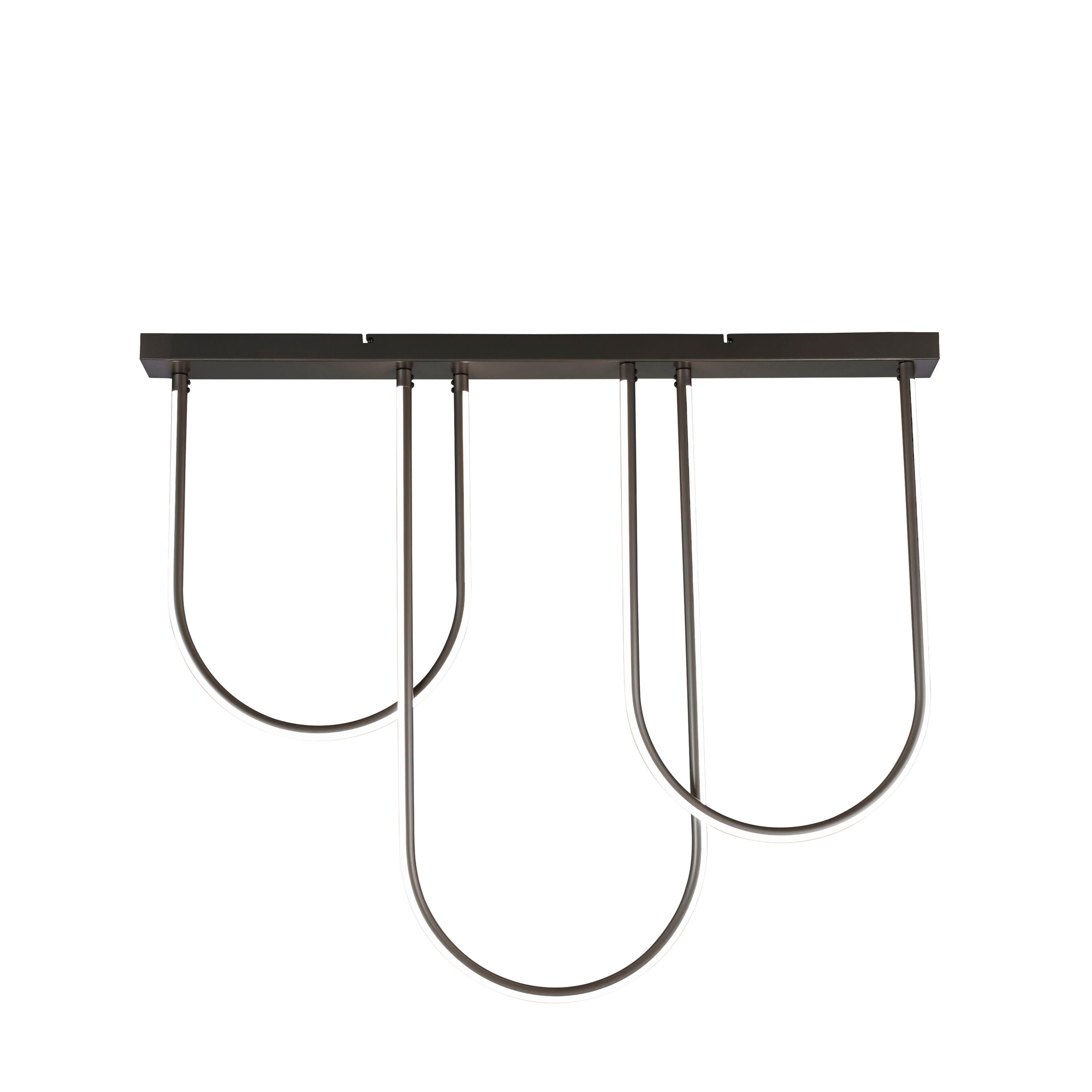 Searchlight Chime LED flush light in matt black, studio shot of the ceiling bar with cascading U shaped opal tubes at different drops