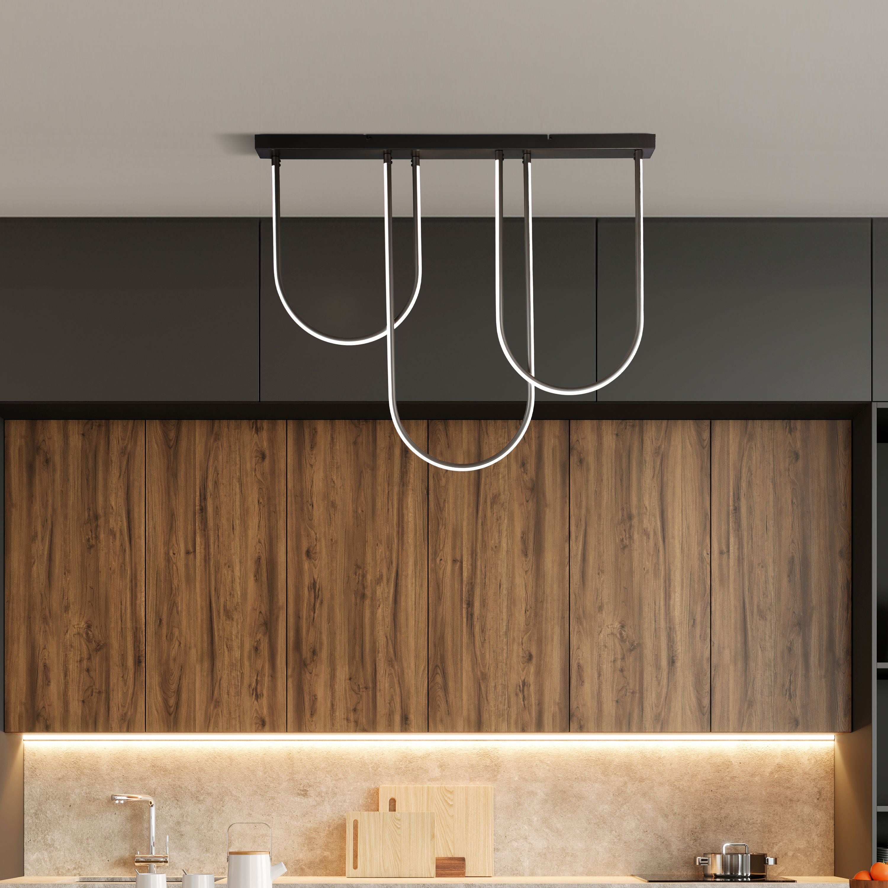 Searchlight Chime LED flush light styled above a kitchen island, with a wood chopping board and tap in the foreground
