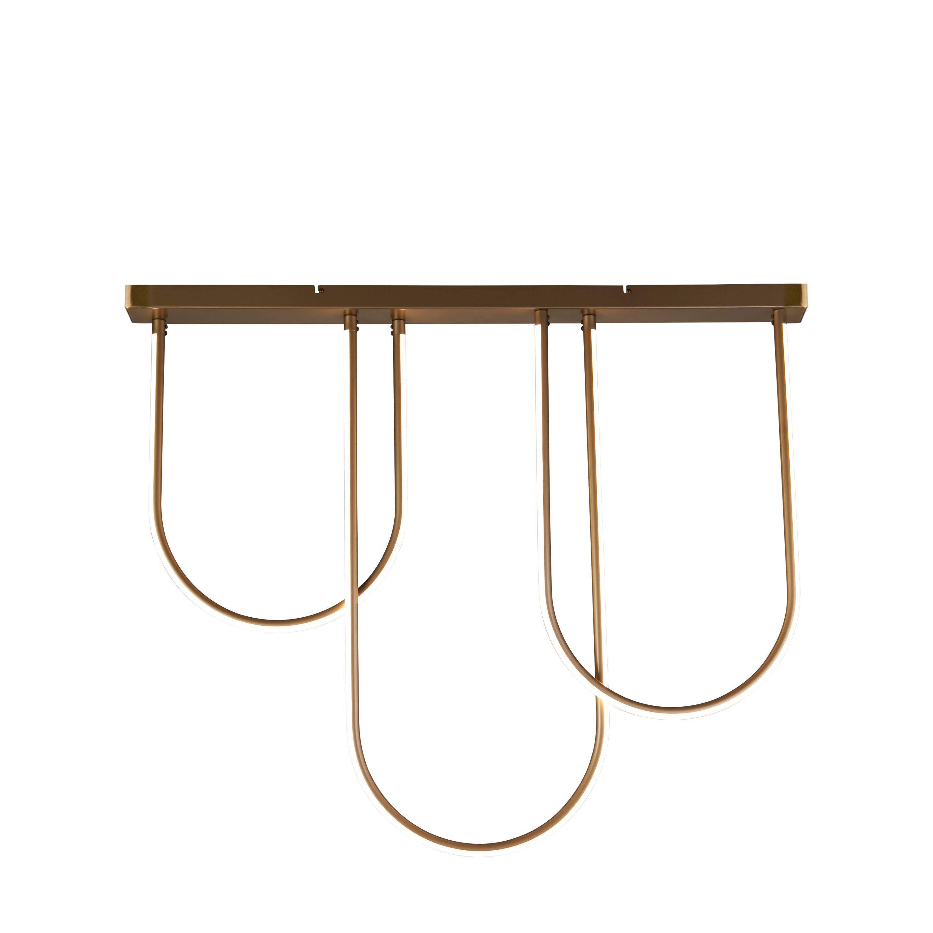 Searchlight Chime LED Flush in bronze effect metal, front view on a plain white background showing the curved arms of different lengths hanging from the ceiling bar