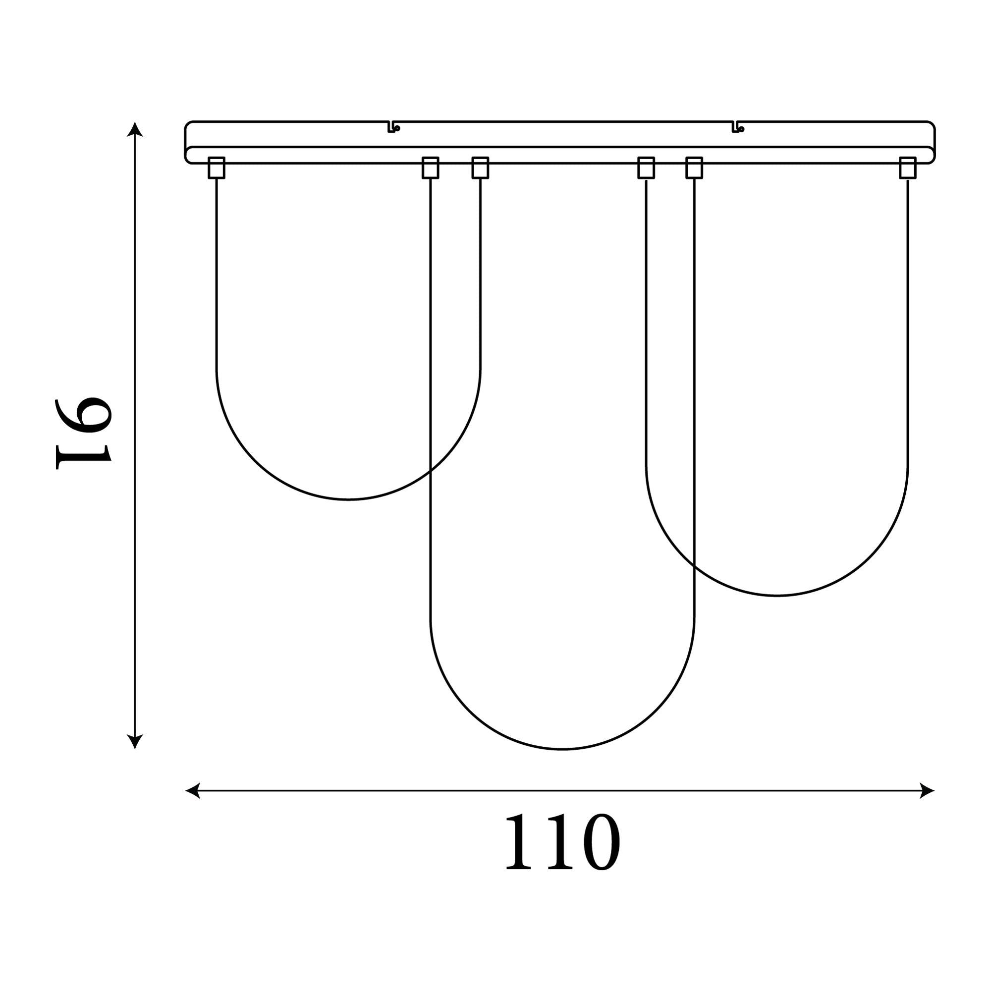 Technical dimension diagram of the Searchlight Chime LED Flush showing 91cm height and 110cm width