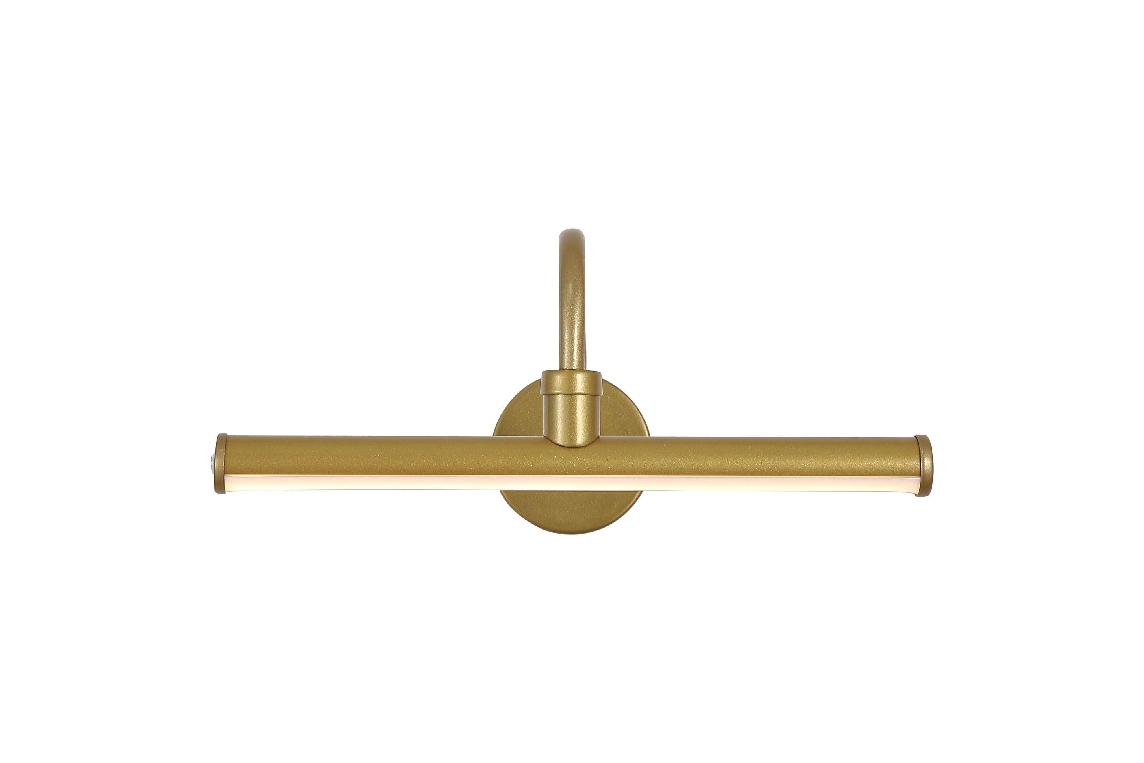 Vigo rechargeable picture light in gold, studio shot, light off, showing the curved neck and slim LED bar on a plain white background