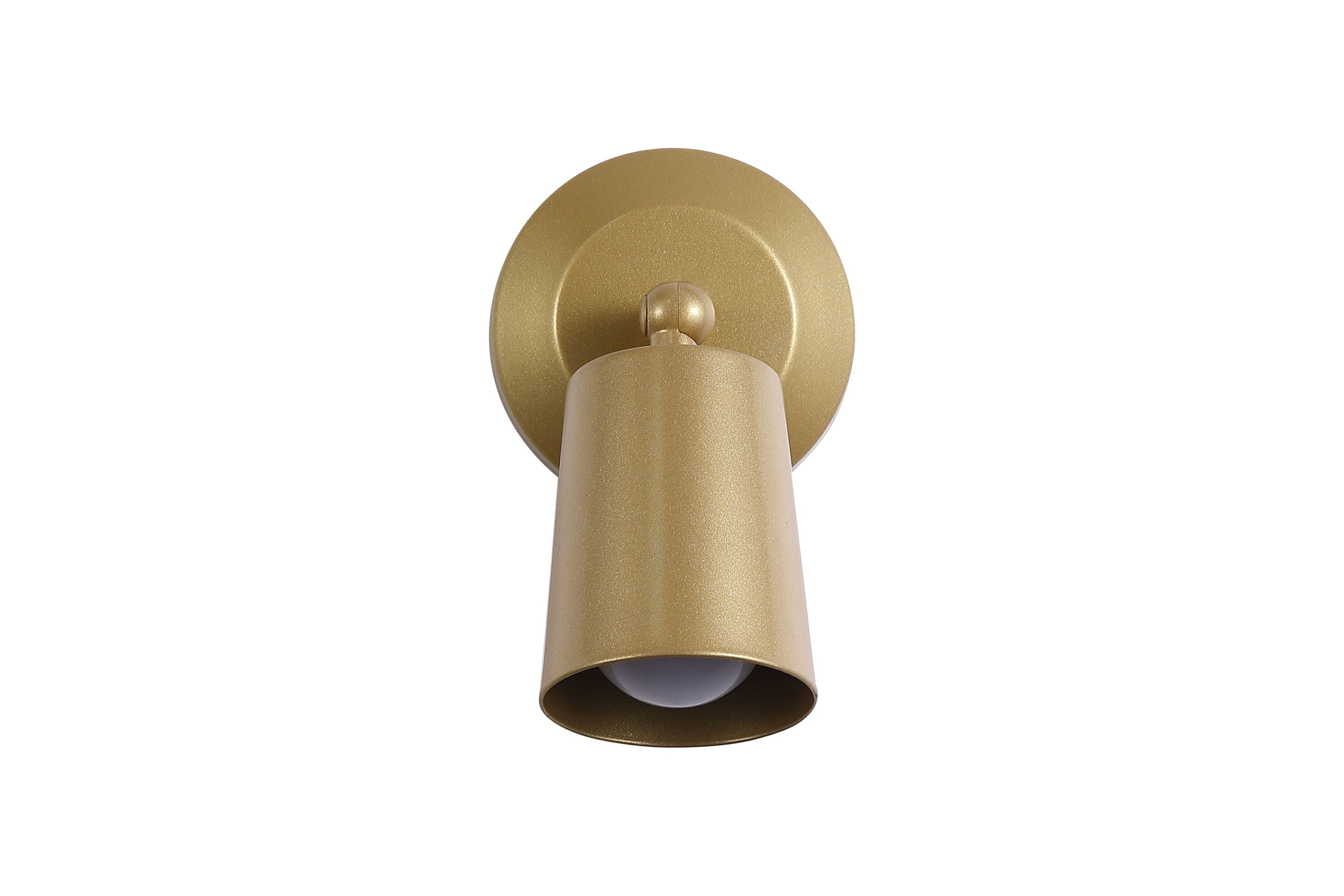 Cone rechargeable wall light in gold, studio shot with the LED switched on, warm light glowing from the open end of the shade