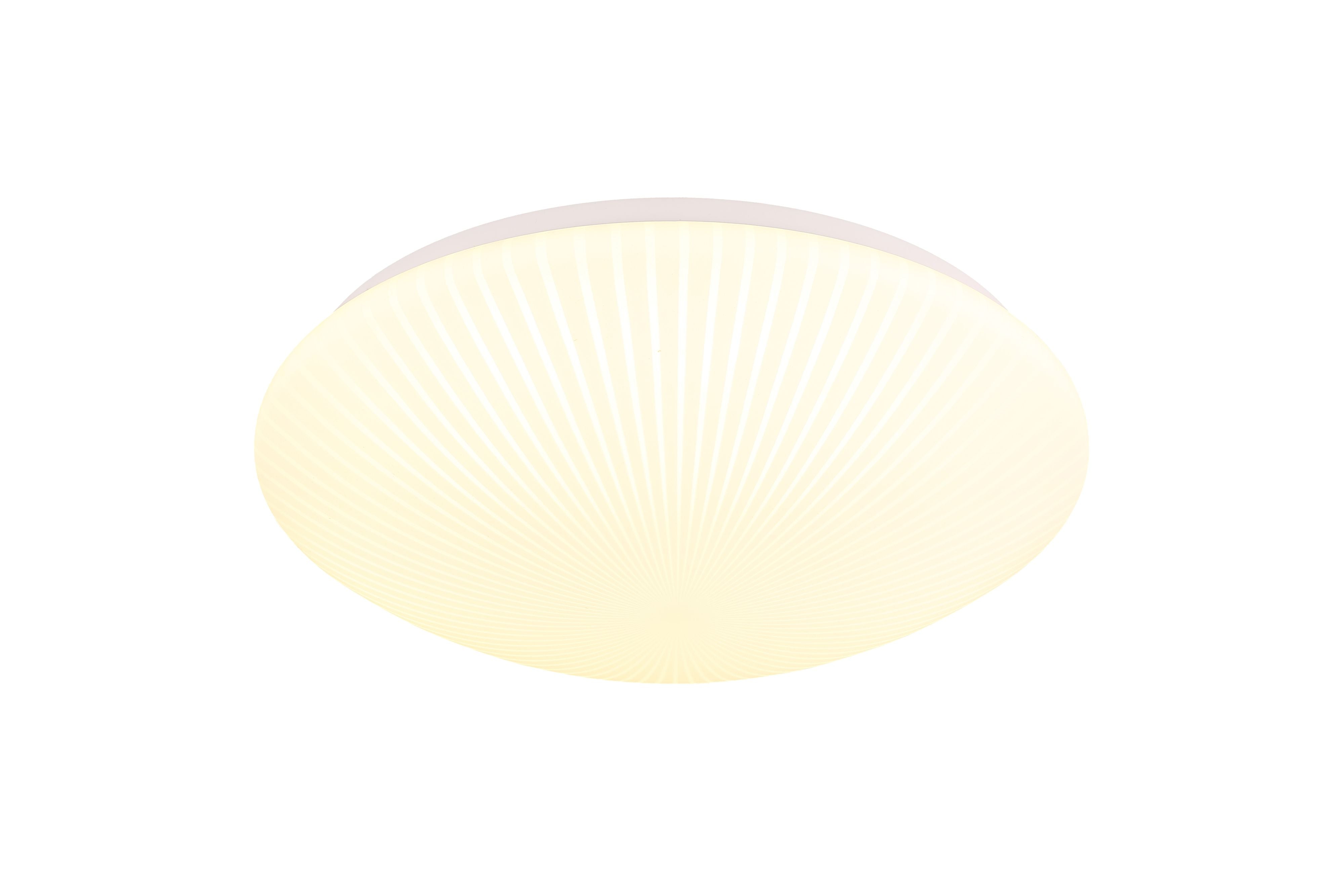 Searchlight Malta LED flush ceiling light 38.5cm in white acrylic, angled studio shot showing the pleated sunburst pattern lit warm white