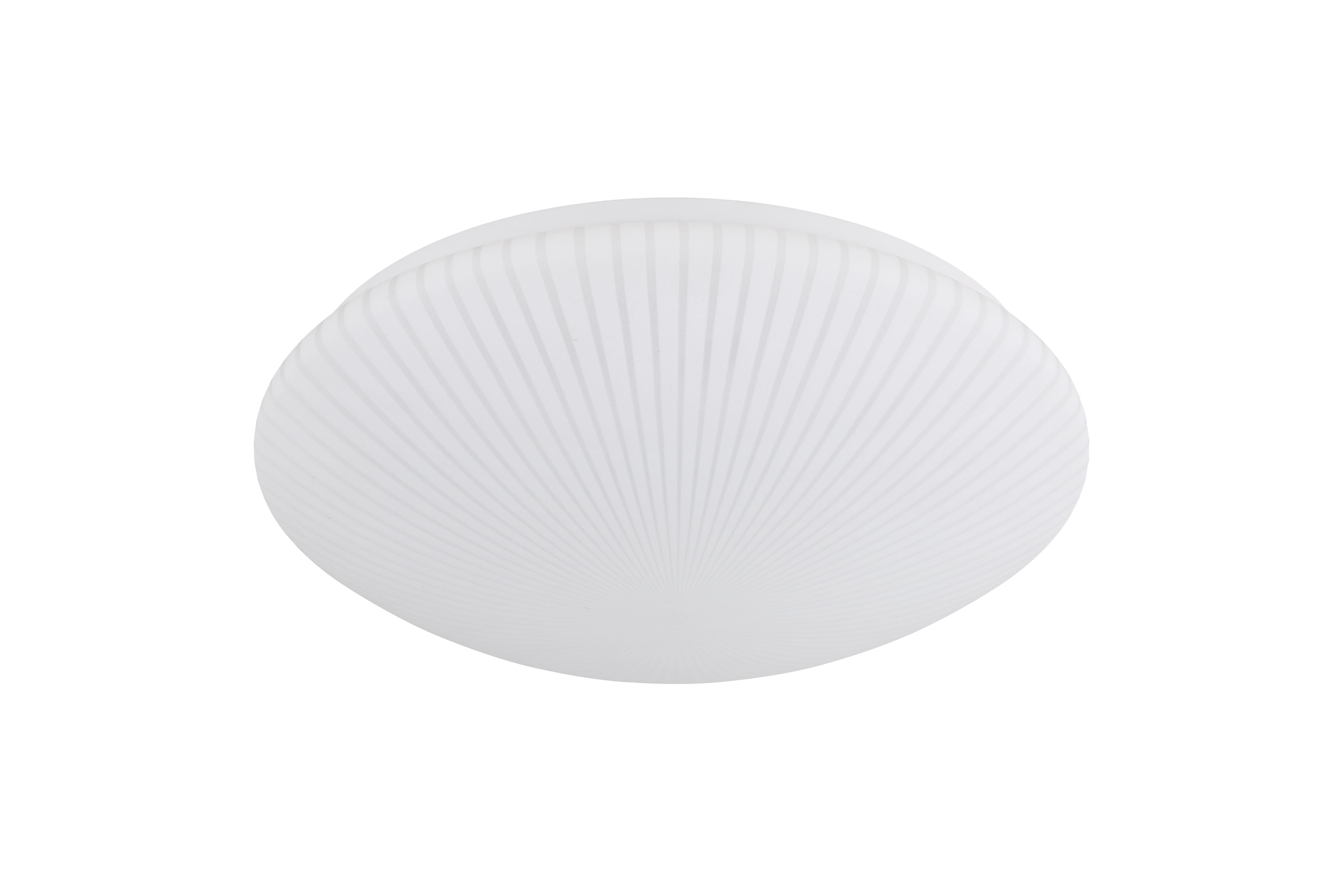 Searchlight Malta LED flush ceiling light 38.5cm in white acrylic, straight on studio shot showing the pleated dome shade