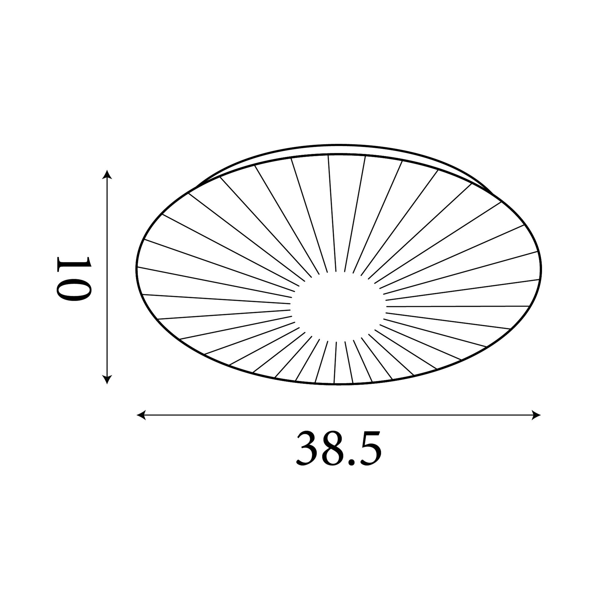 Technical line drawing of the Malta 38.5cm flush ceiling light showing dimensions of 10cm height and 38.5cm width